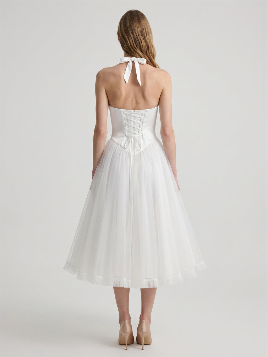 White Matte Satin A-Line Halter Backless Tea-Length Bridesmaid Dress with Pleats