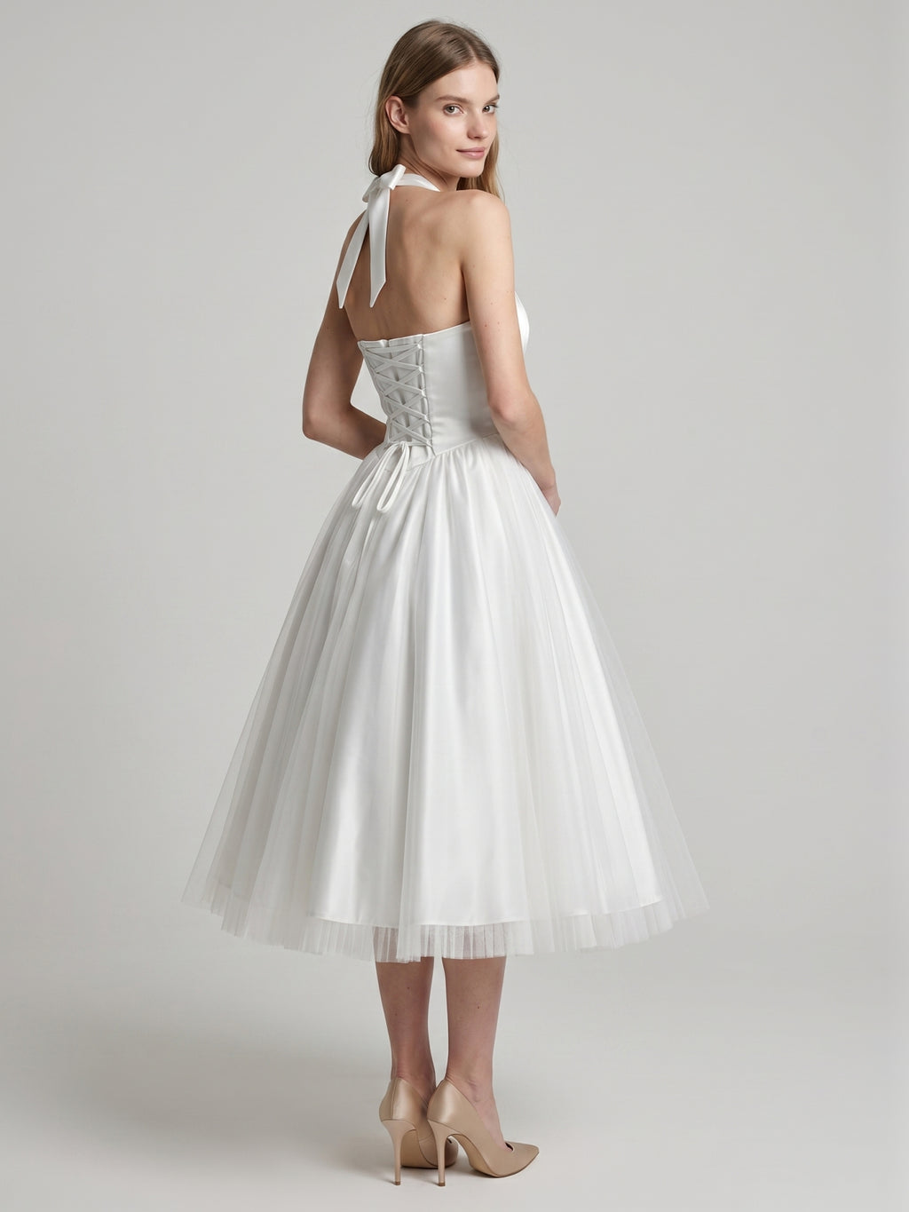 White Matte Satin A-Line Halter Backless Tea-Length Bridesmaid Dress with Pleats