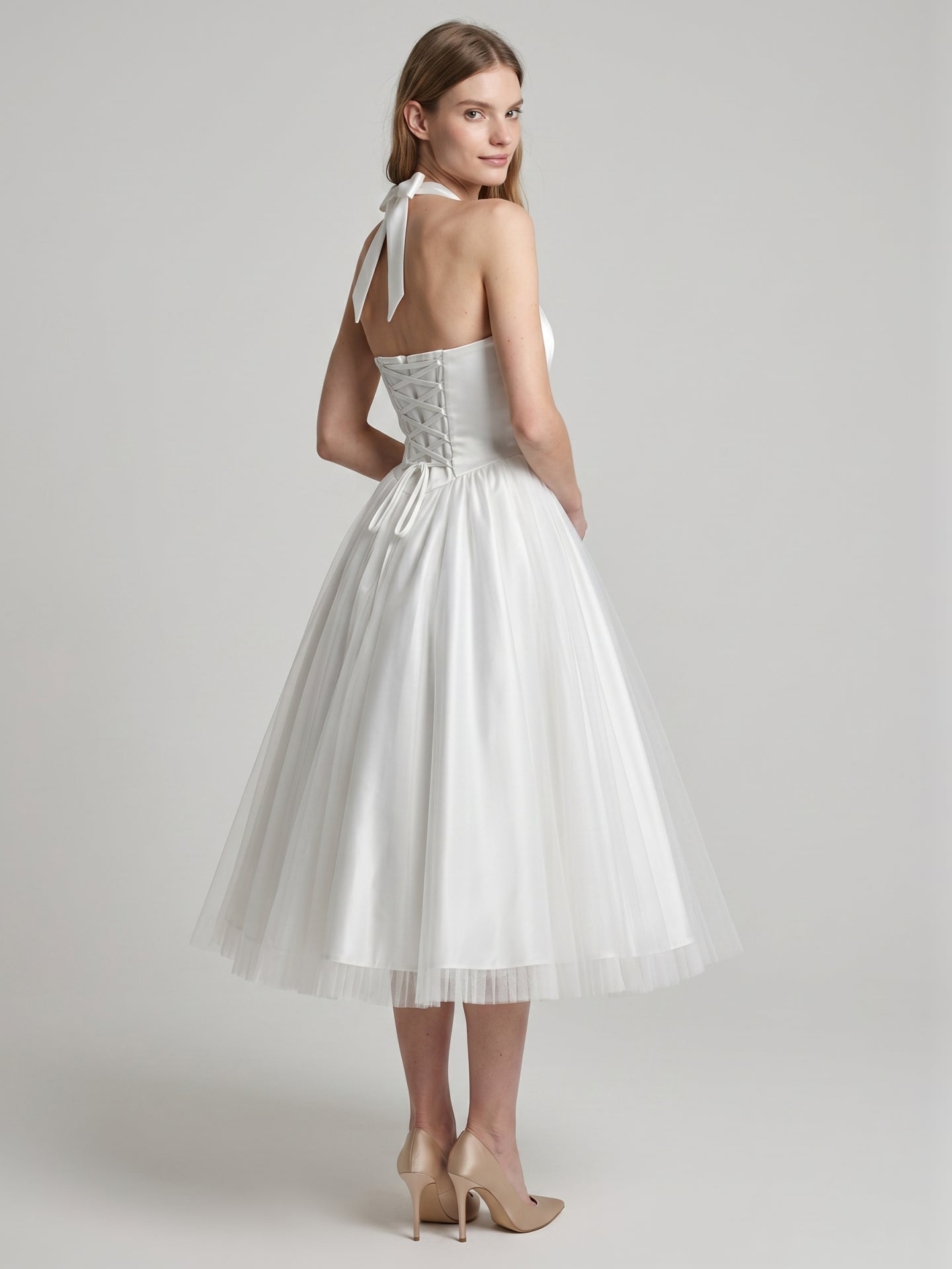 White Matte Satin A-Line Halter Backless Tea-Length Bridesmaid Dress with Pleats