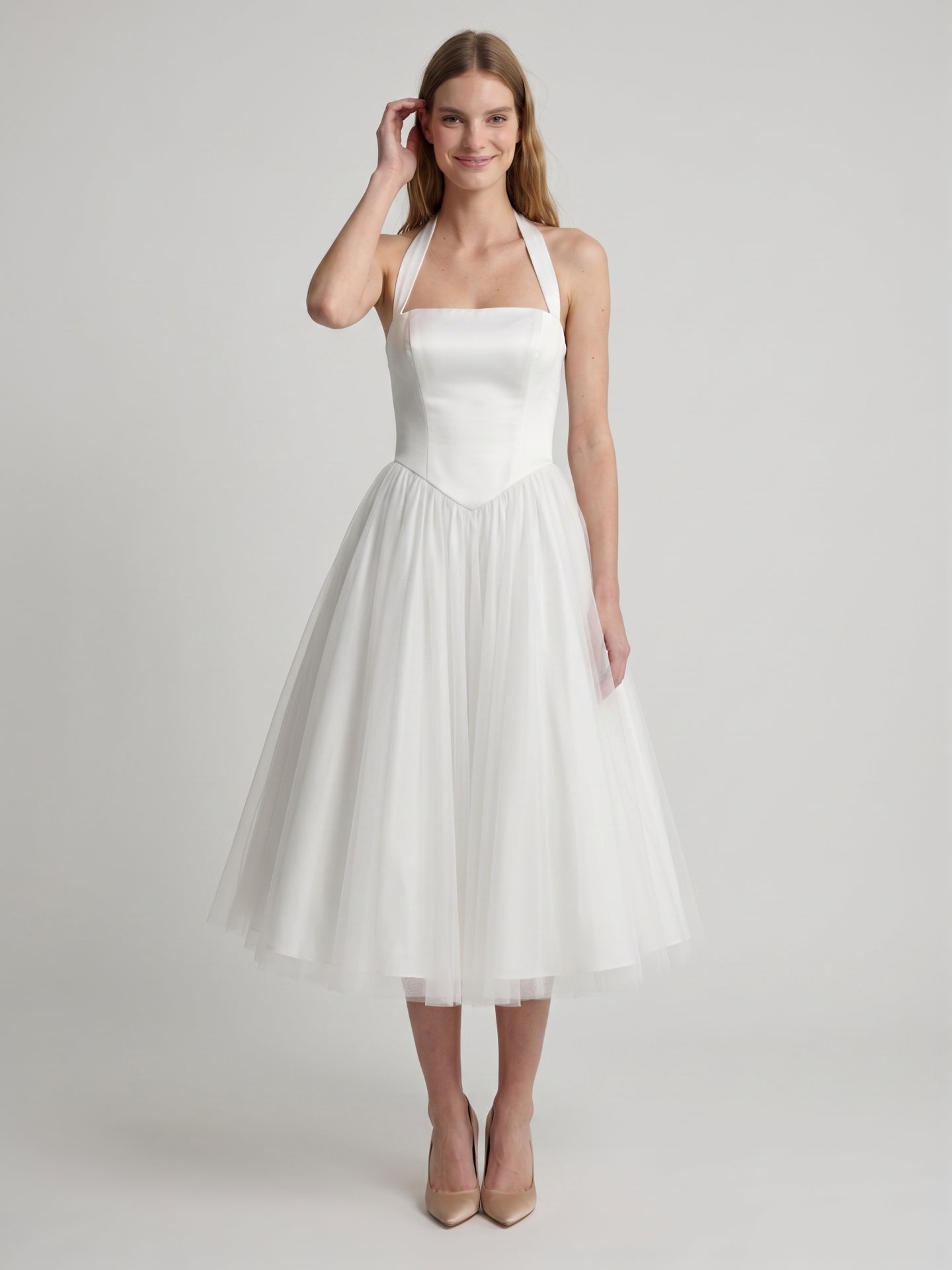 White Matte Satin A-Line Halter Backless Tea-Length Bridesmaid Dress with Pleats