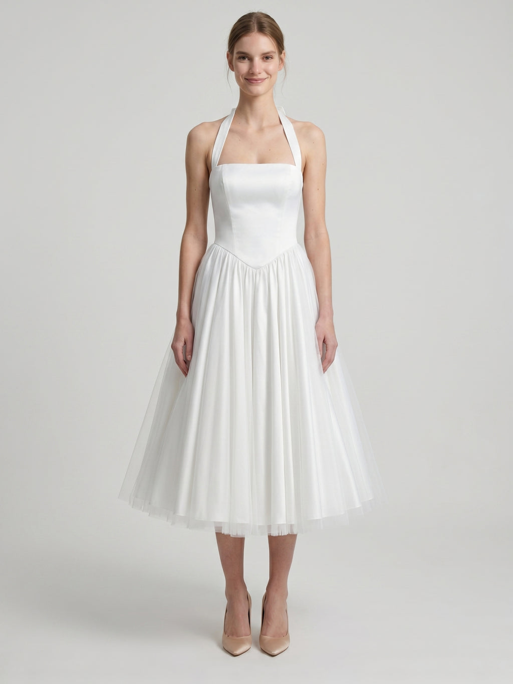 White Matte Satin A-Line Halter Backless Tea-Length Bridesmaid Dress with Pleats