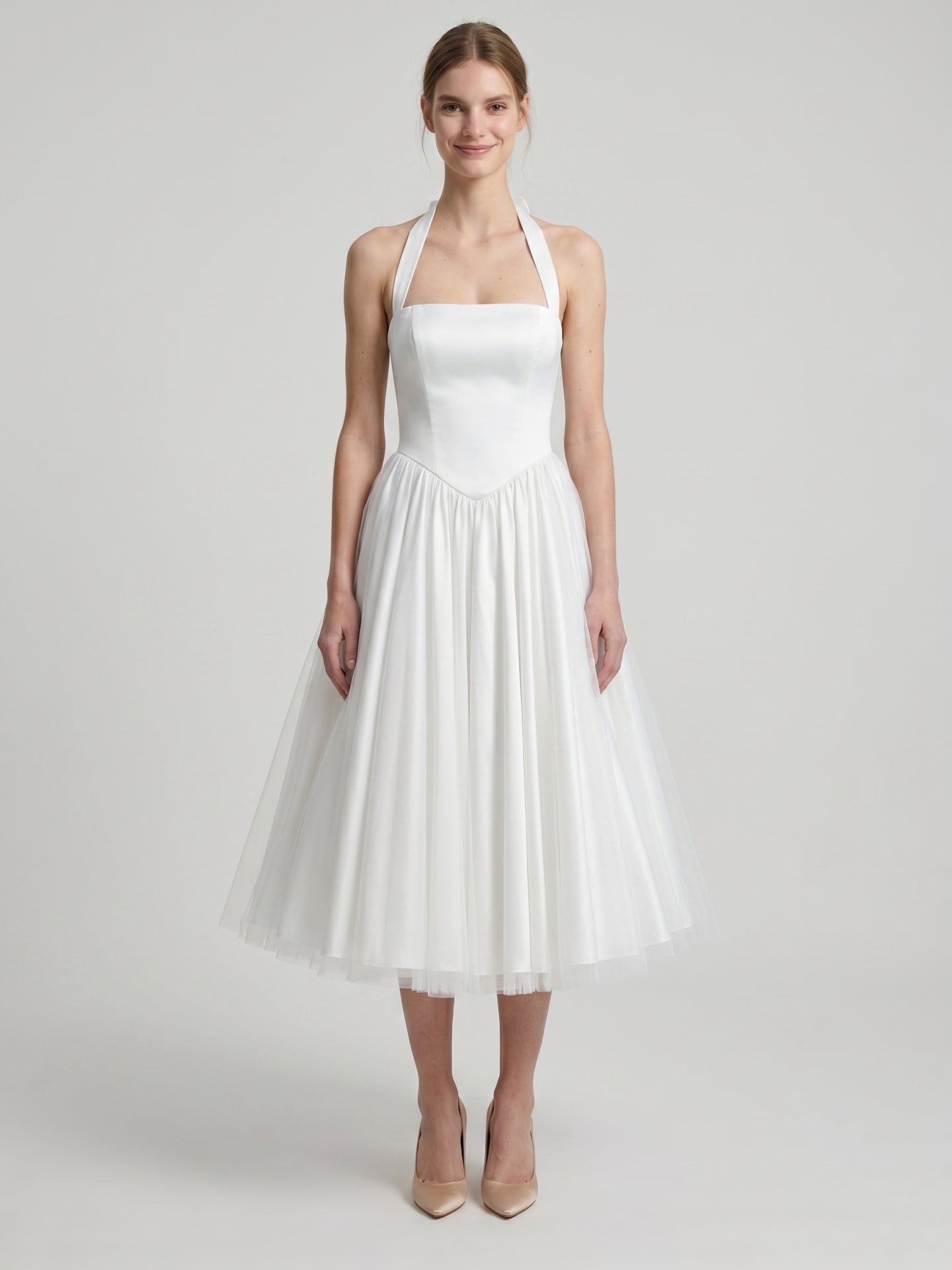 White Matte Satin A-Line Halter Backless Tea-Length Bridesmaid Dress with Pleats