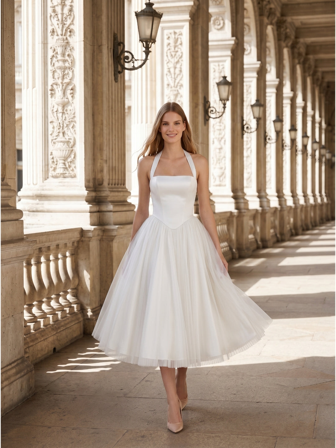White Matte Satin A-Line Halter Backless Tea-Length Bridesmaid Dress with Pleats