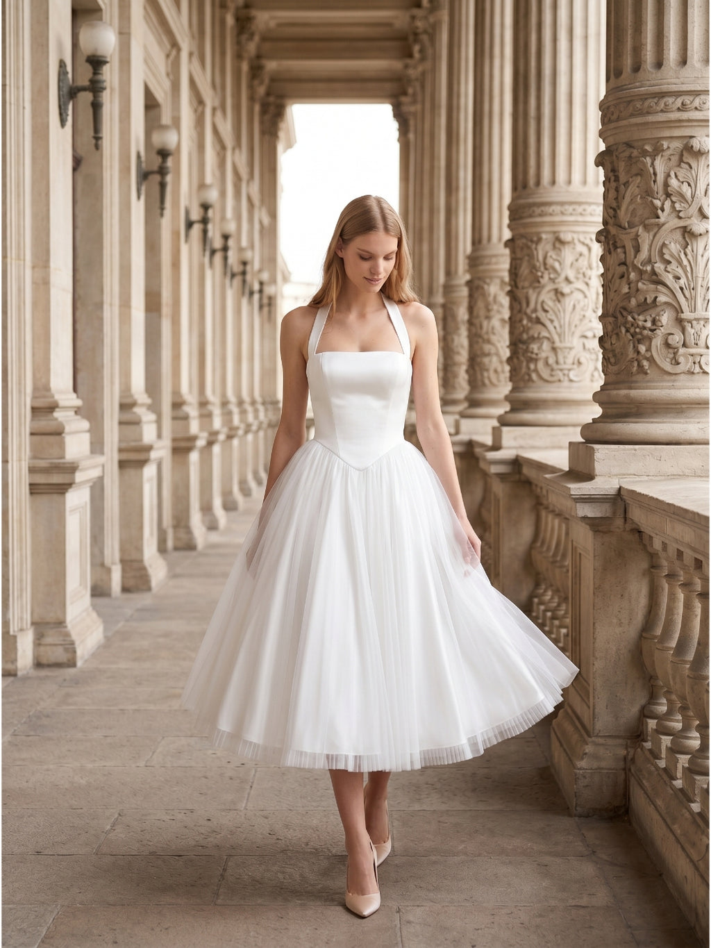 White Matte Satin A-Line Halter Backless Tea-Length Bridesmaid Dress with Pleats