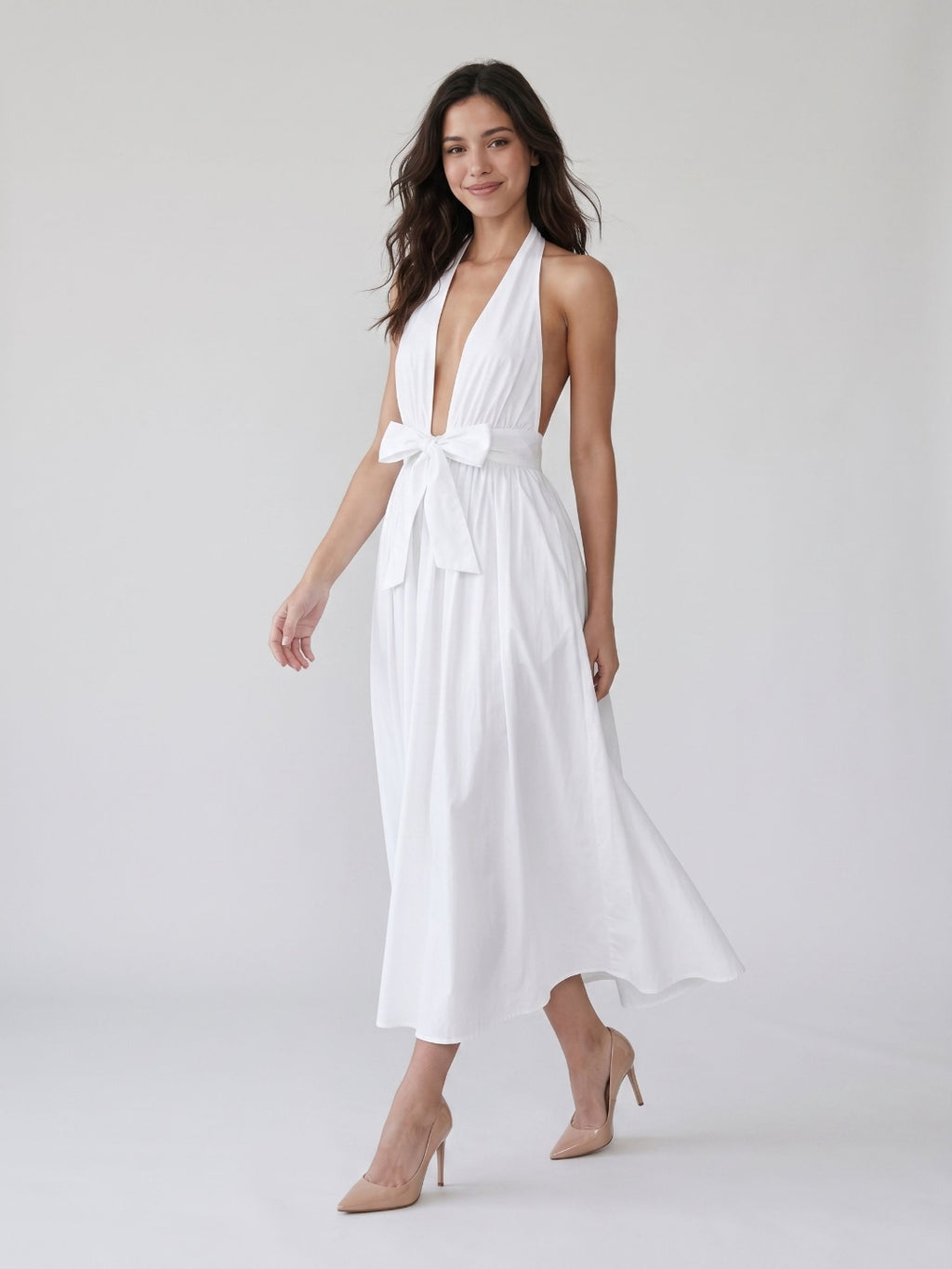White Matte Satin A-Line Halter Neckline Backless Ankle-Length Evening Dress