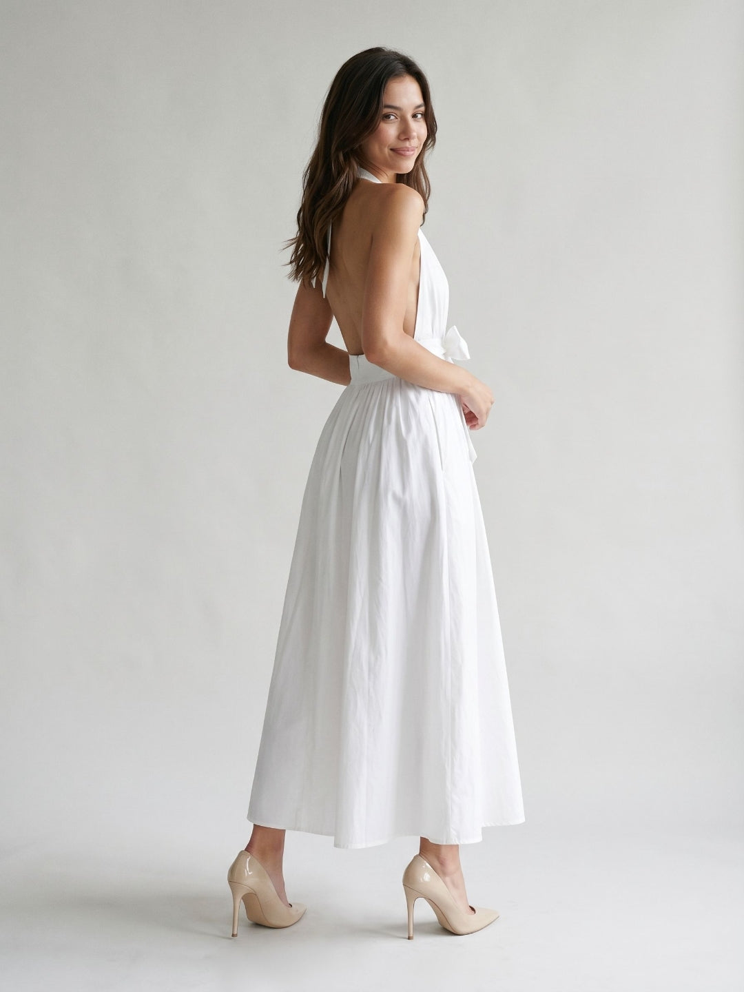 White Matte Satin A-Line Halter Neckline Backless Ankle-Length Evening Dress