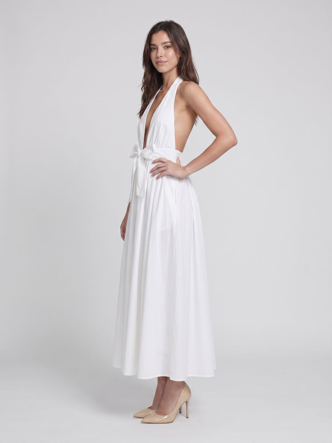 White Matte Satin A-Line Halter Neckline Backless Ankle-Length Evening Dress
