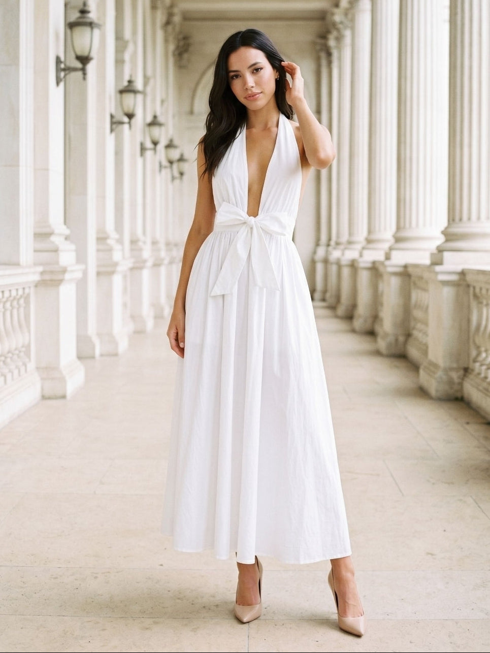 White Matte Satin A-Line Halter Neckline Backless Ankle-Length Evening Dress