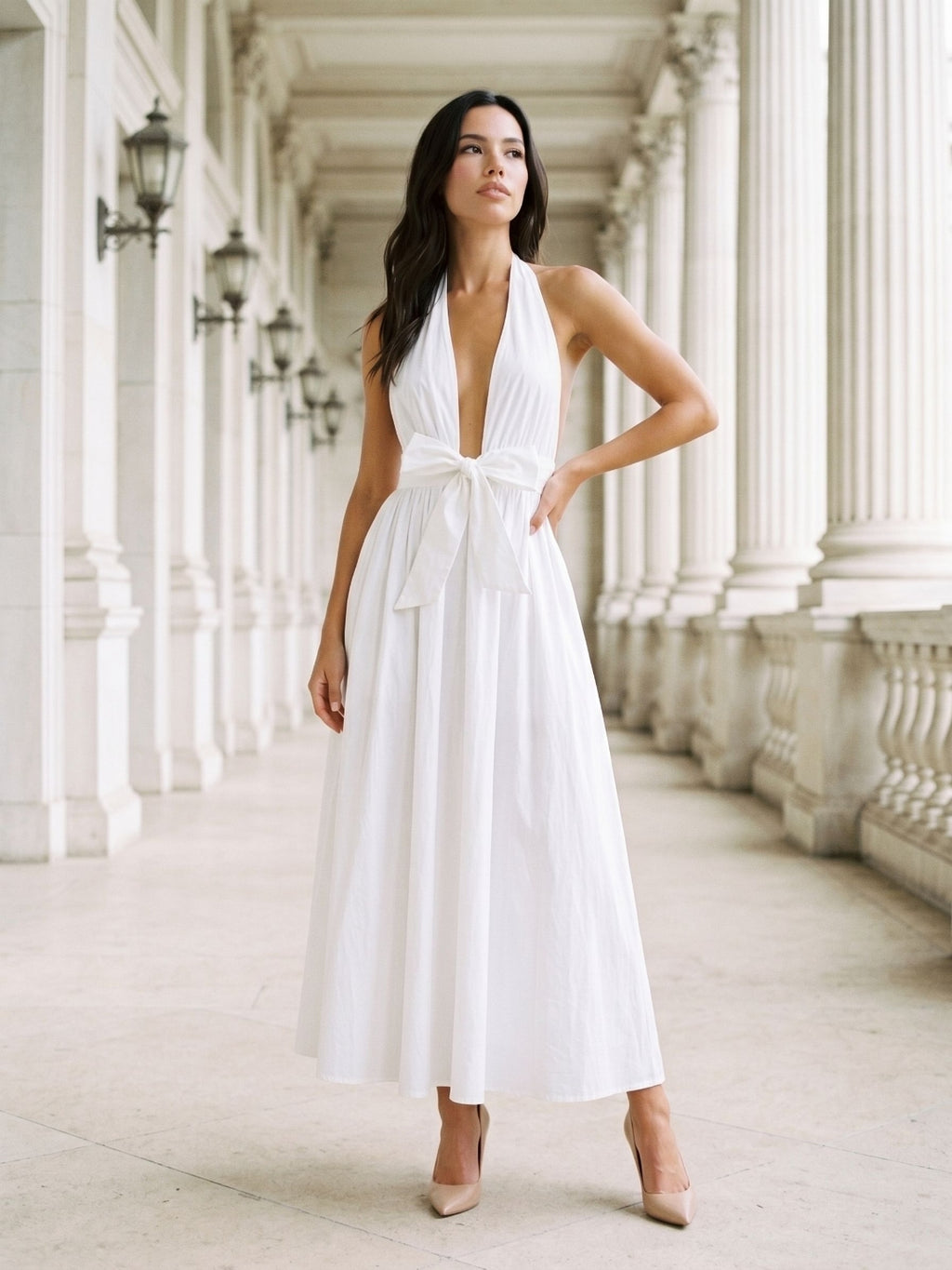White Matte Satin A-Line Halter Neckline Backless Ankle-Length Evening Dress
