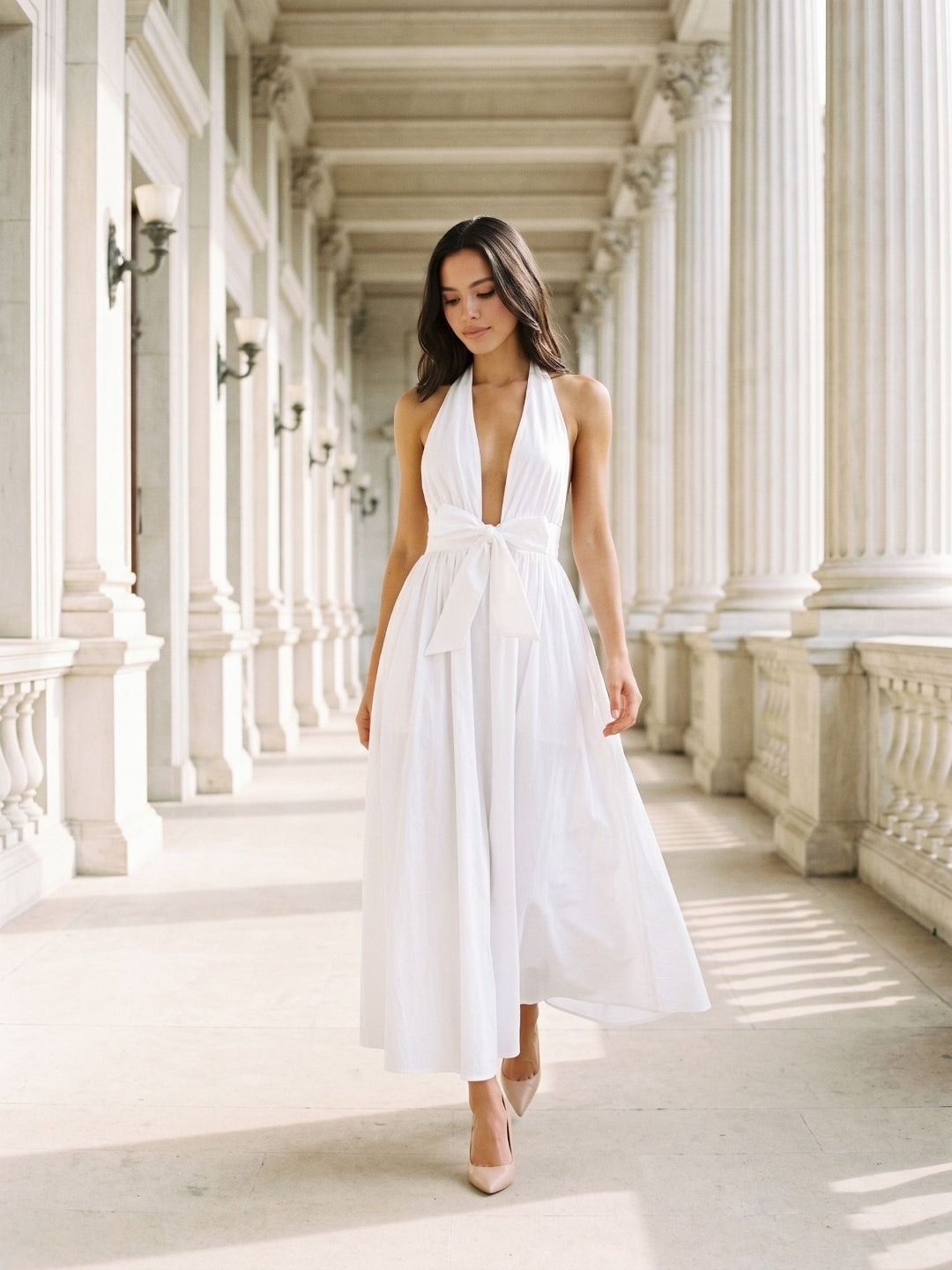 White Matte Satin A-Line Halter Neckline Backless Ankle-Length Evening Dress