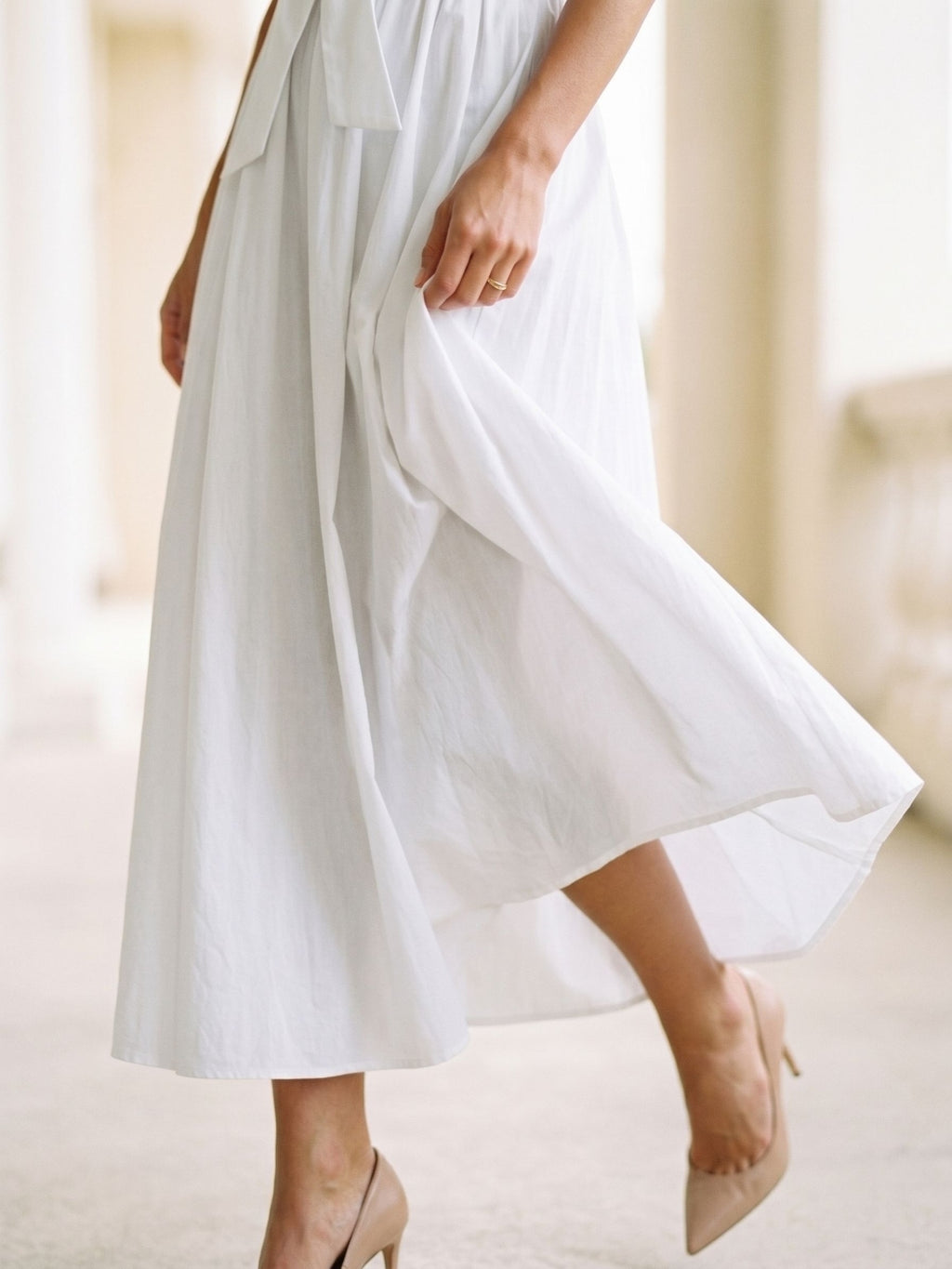 White Matte Satin A-Line Halter Neckline Backless Ankle-Length Evening Dress