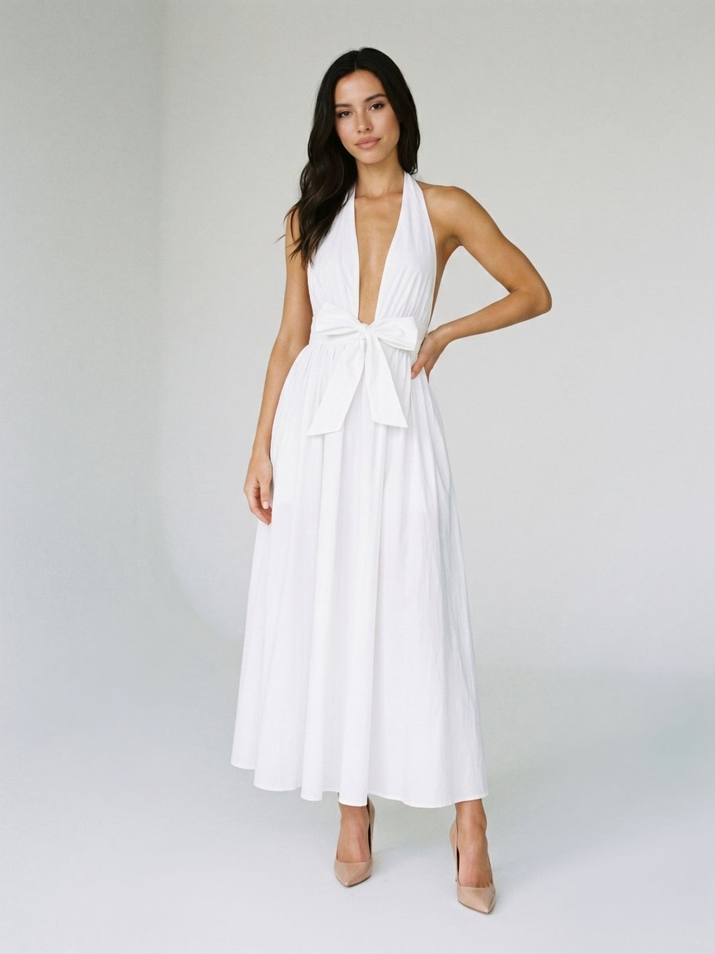 White Matte Satin A-Line Halter Neckline Backless Ankle-Length Evening Dress