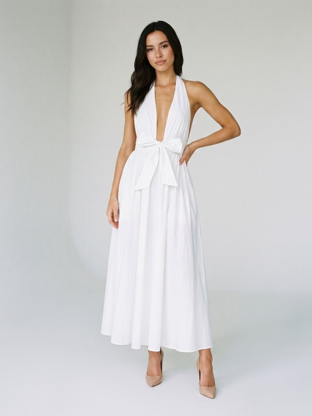 White Matte Satin A-Line Halter Neckline Backless Ankle-Length Evening Dress