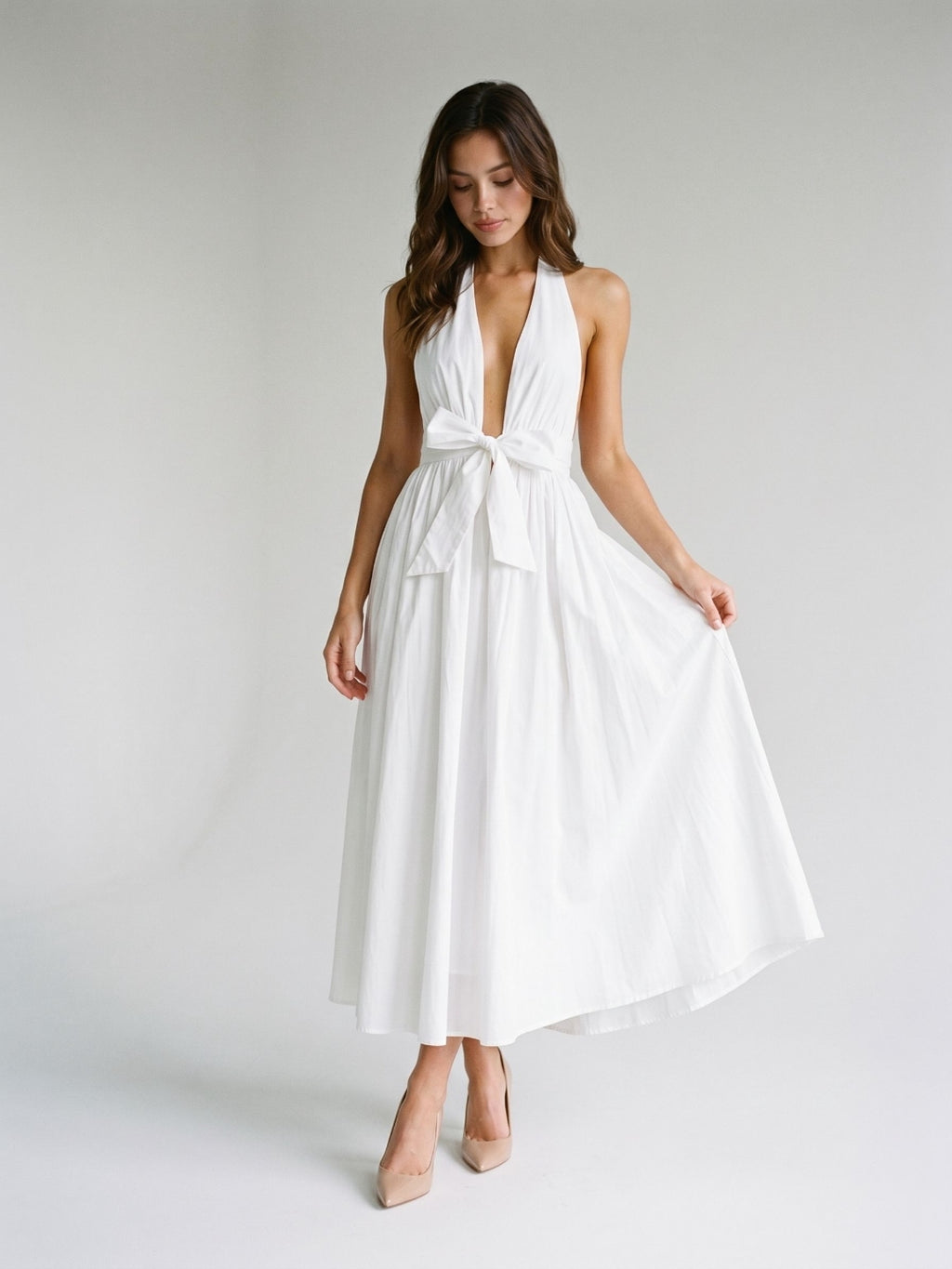 White Matte Satin A-Line Halter Neckline Backless Ankle-Length Evening Dress