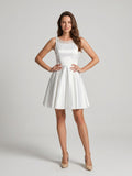 White Matte Satin A-Line Scoop Neck Back Zip Short Dress with Beading