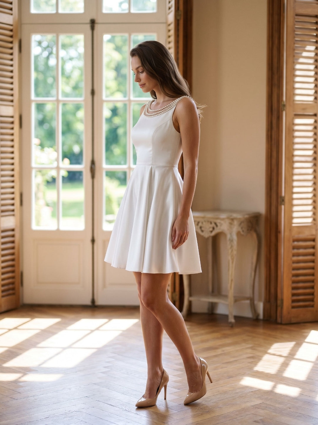 White Matte Satin A-Line Scoop Neck Back Zip Short Dress with Beading