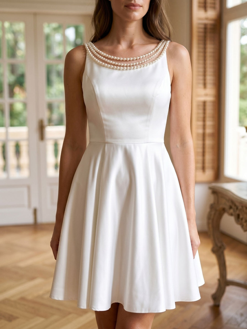 White Matte Satin A-Line Scoop Neck Back Zip Short Dress with Beading