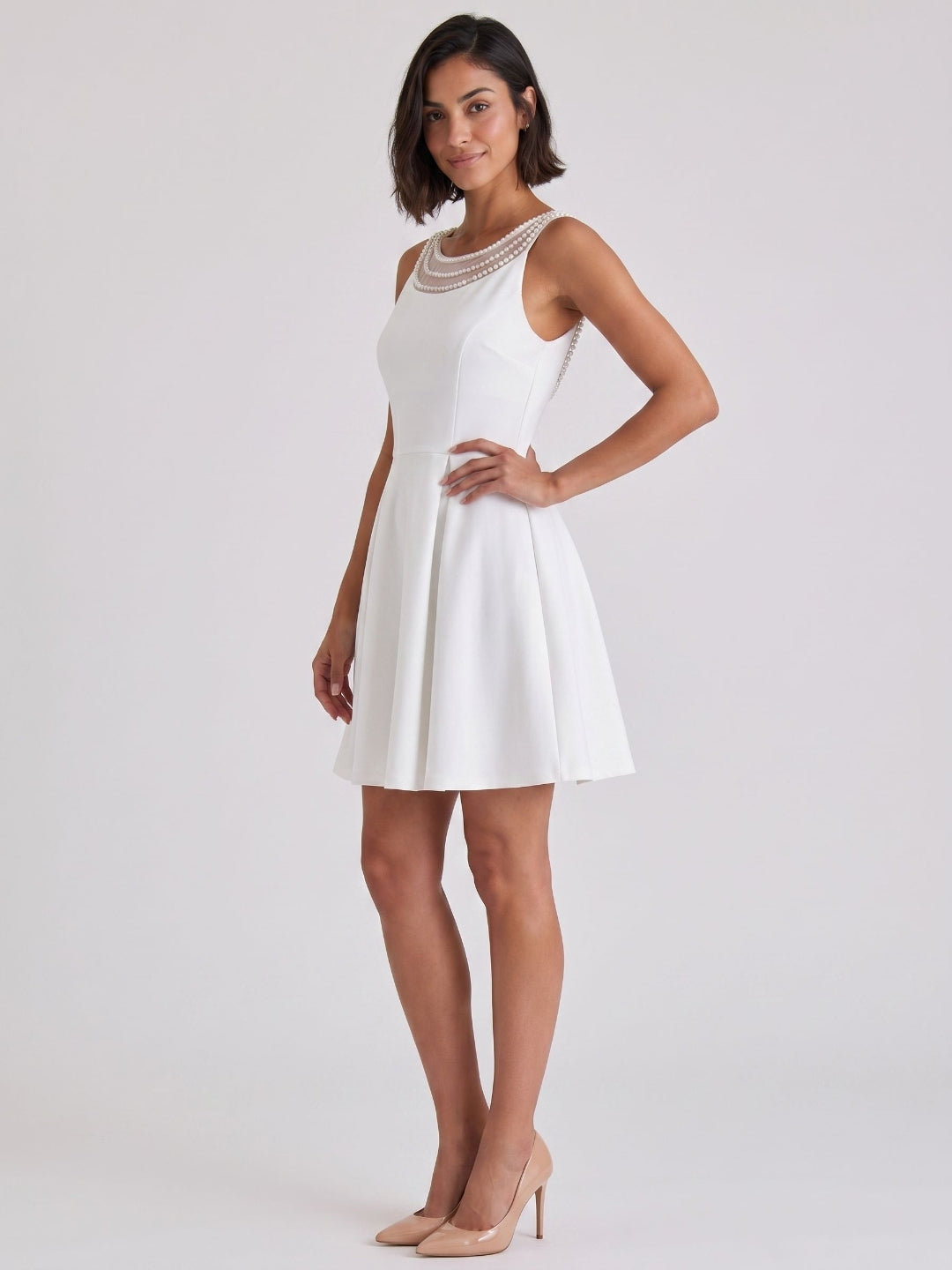 White Matte Satin A-Line Scoop Neck Short Birthday Dress with Pleating