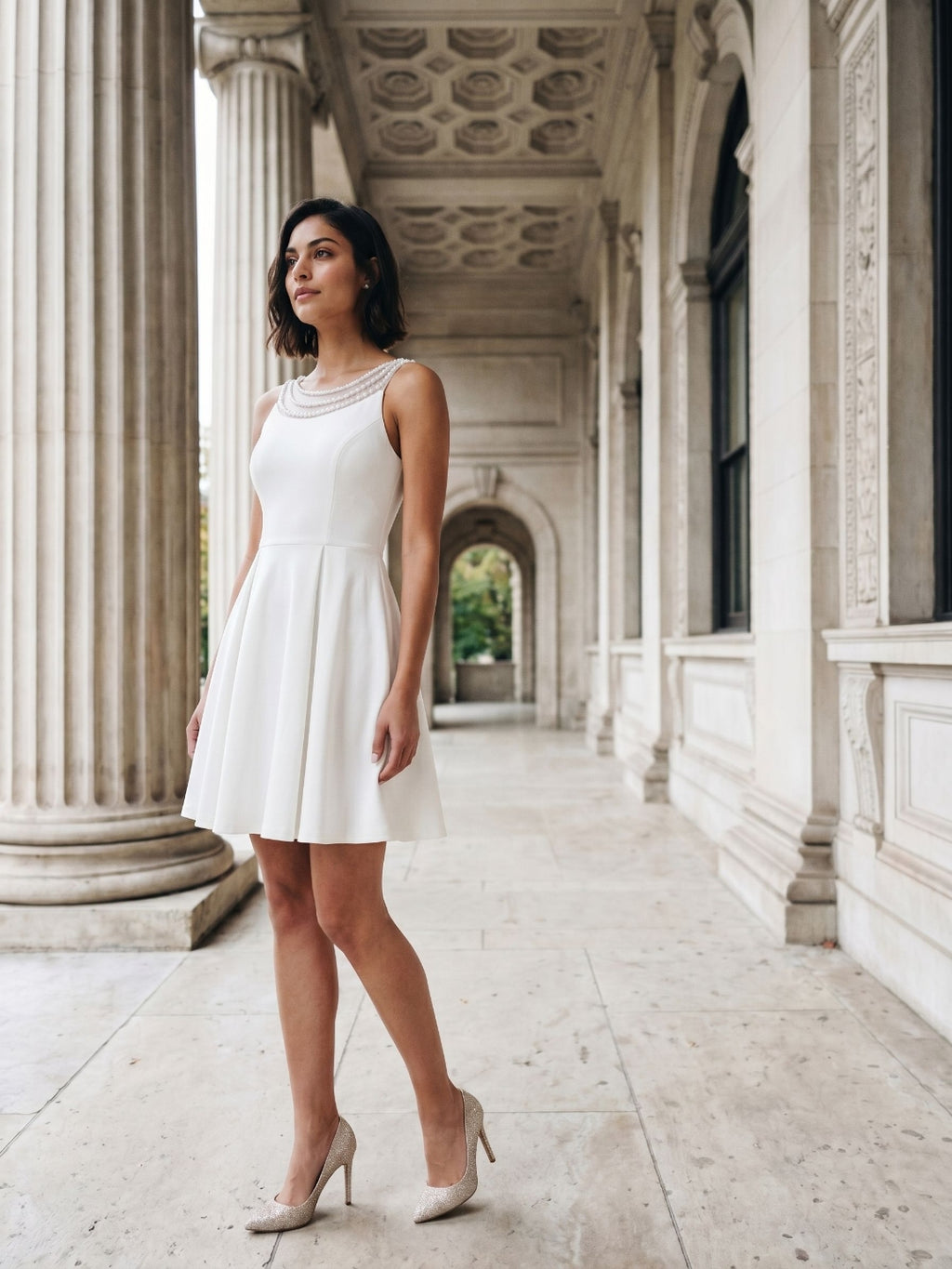 White Matte Satin A-Line Scoop Neck Short Birthday Dress with Pleating