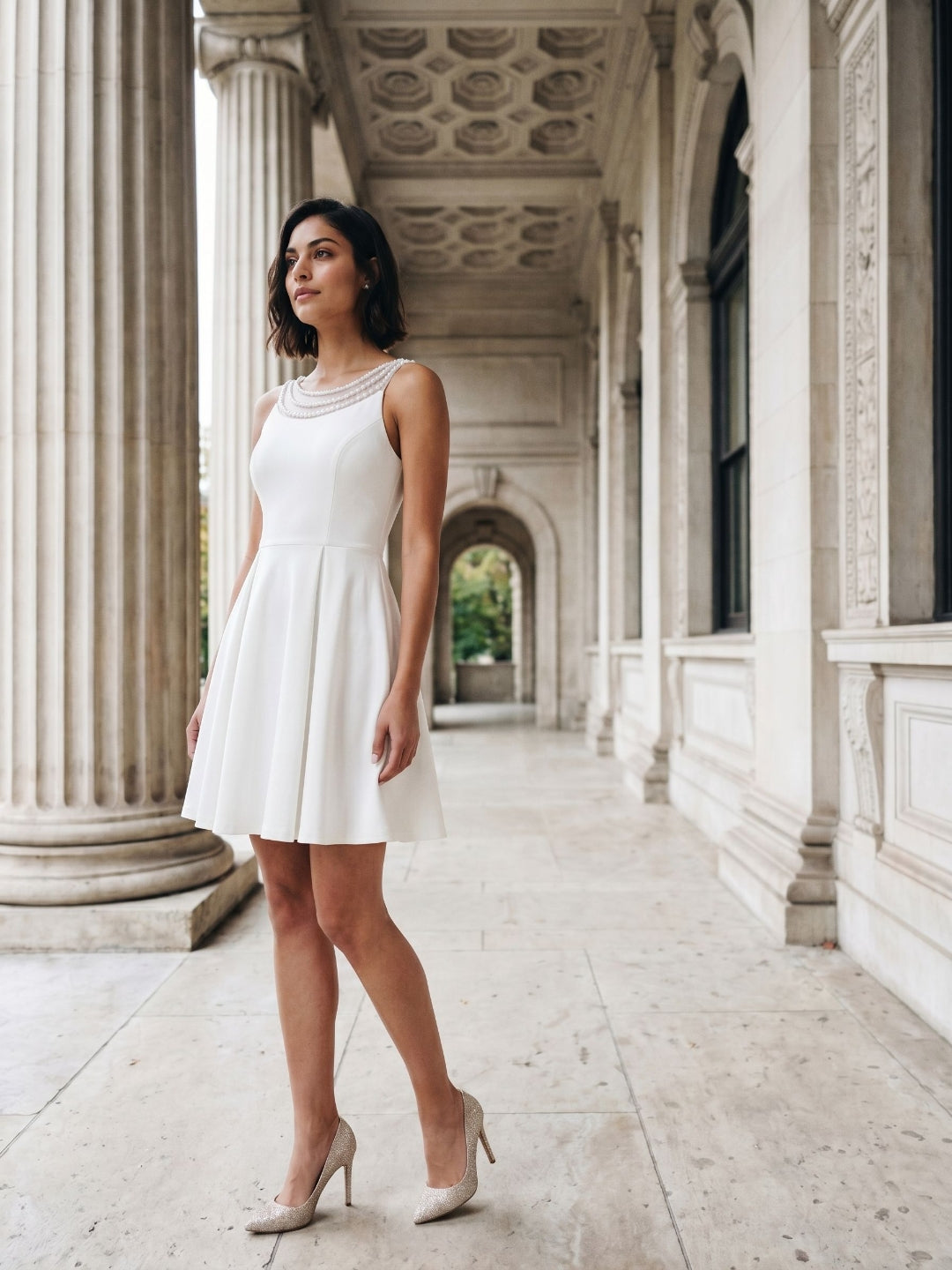 White Matte Satin A-Line Scoop Neck Short Birthday Dress with Pleating