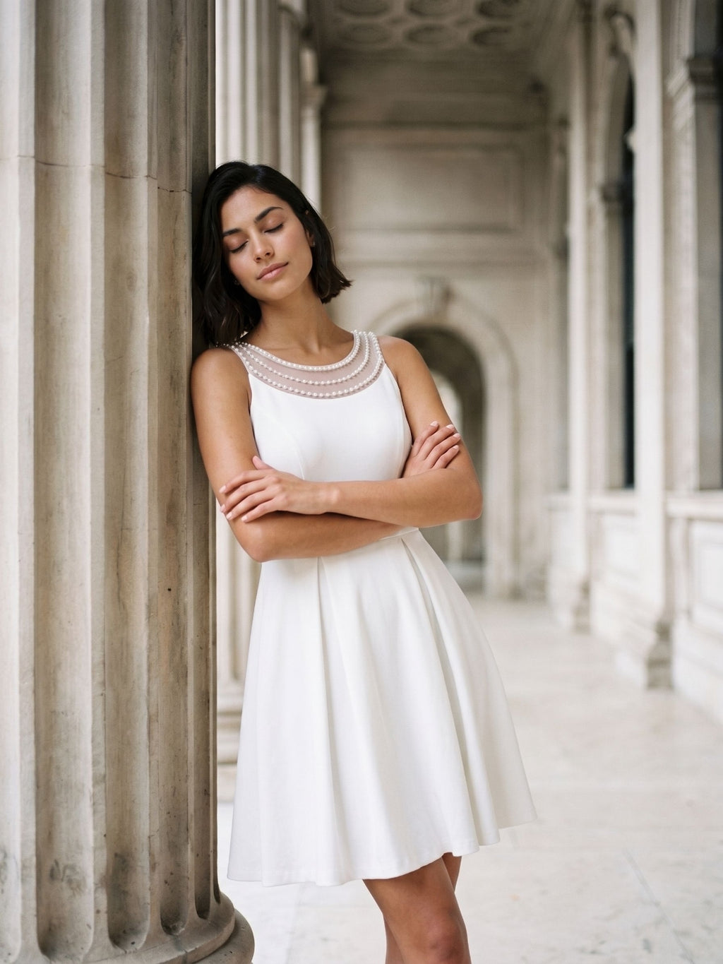 White Matte Satin A-Line Scoop Neck Short Birthday Dress with Pleating