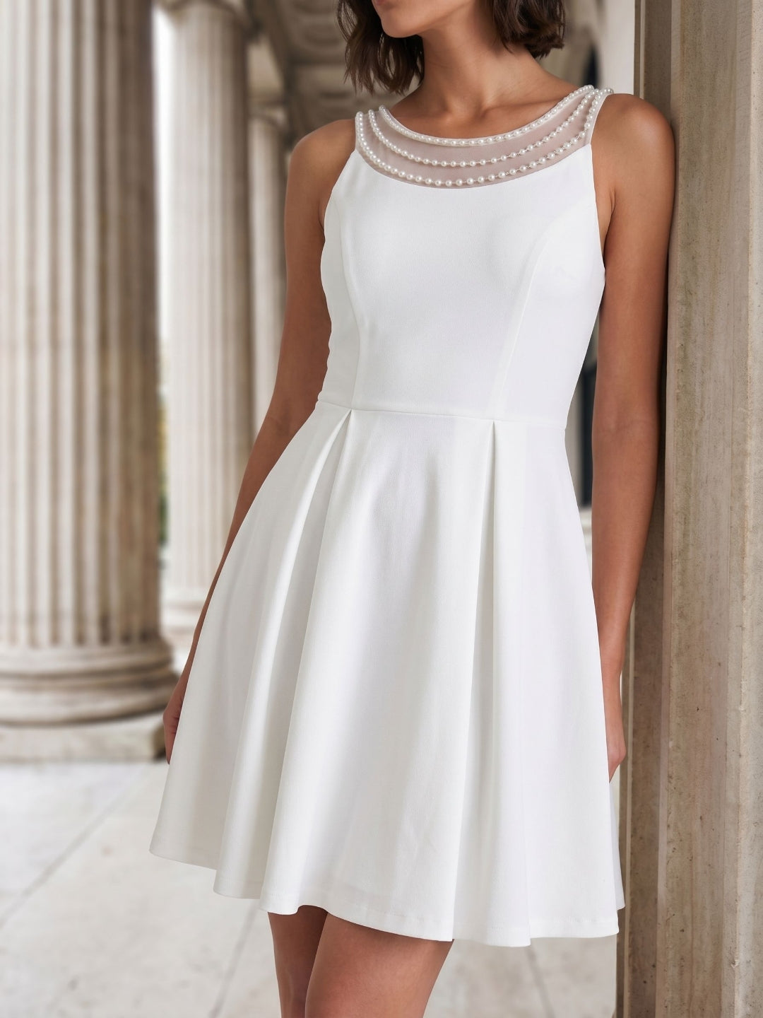 White Matte Satin A-Line Scoop Neck Short Birthday Dress with Pleating