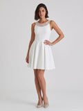 White Matte Satin A-Line Scoop Neck Short Birthday Dress with Pleating