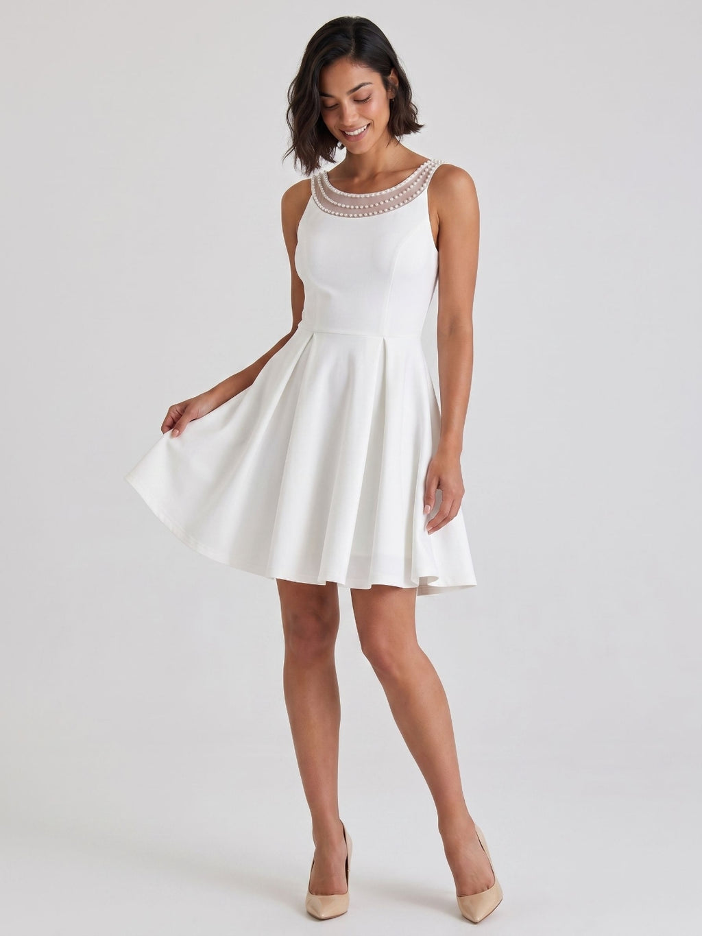 White Matte Satin A-Line Scoop Neck Short Birthday Dress with Pleating