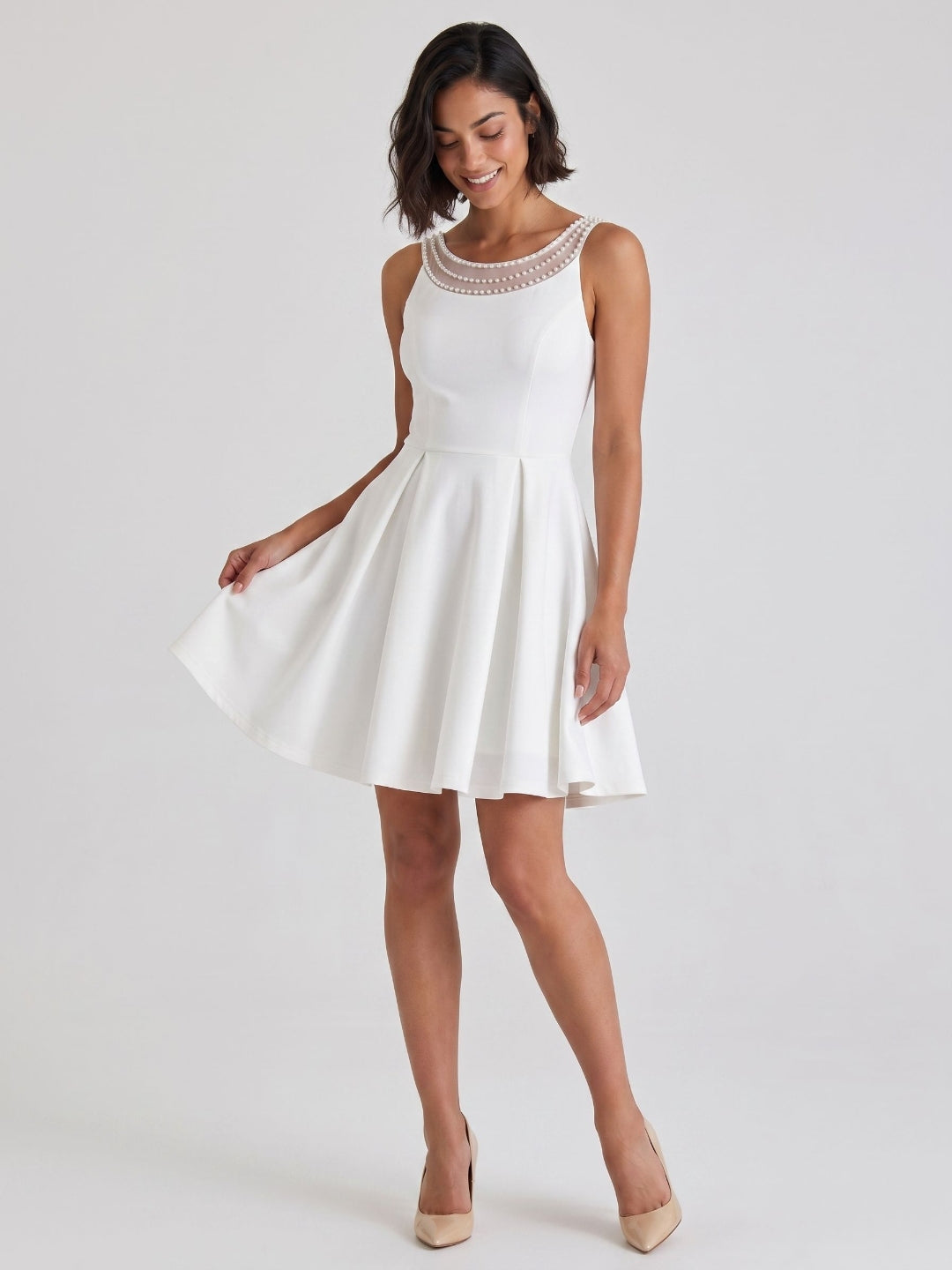 White Matte Satin A-Line Scoop Neck Short Birthday Dress with Pleating
