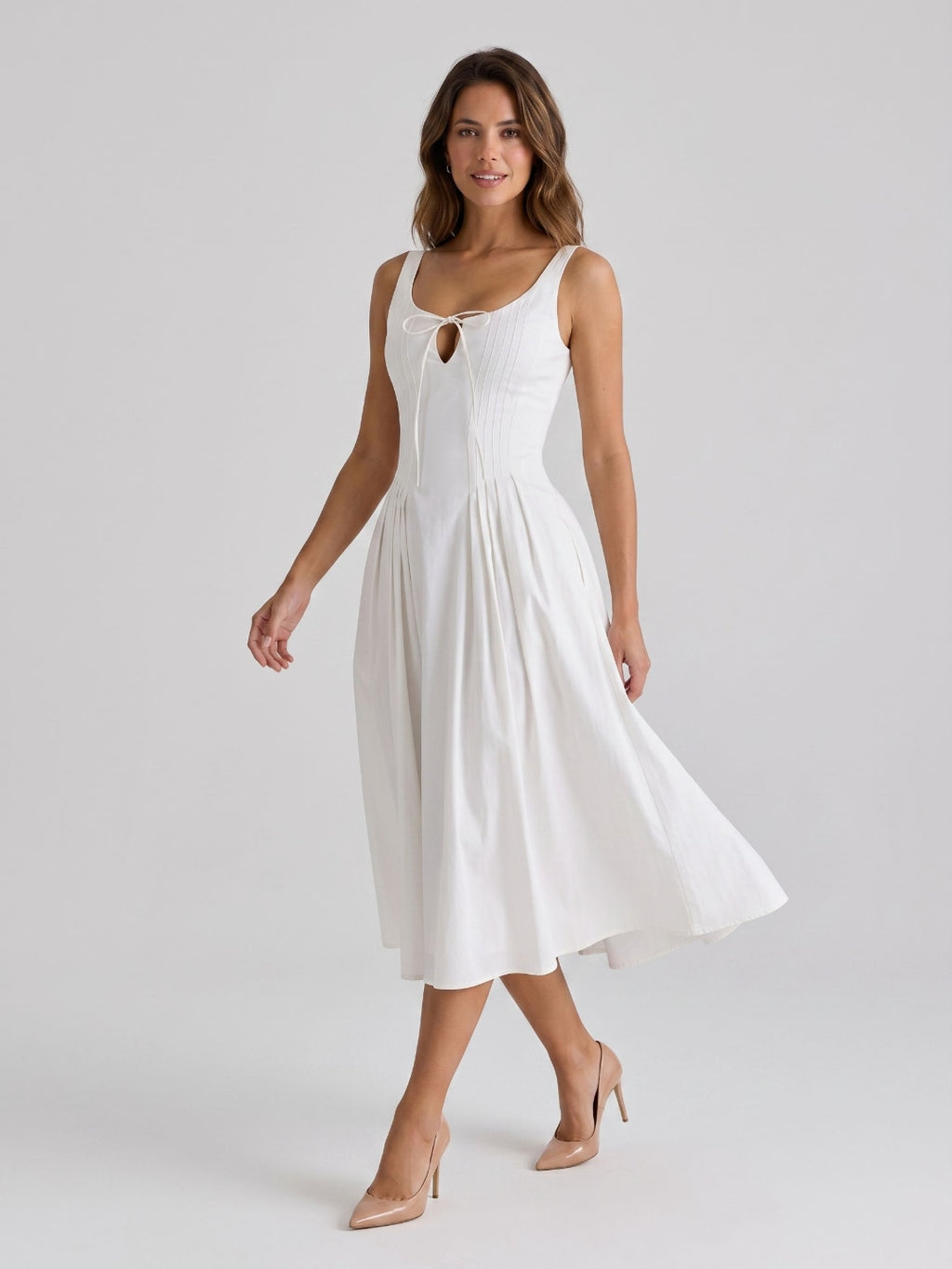 White Matte Satin A-Line Square Neck Back Zip Tea-Length Birthday Dress