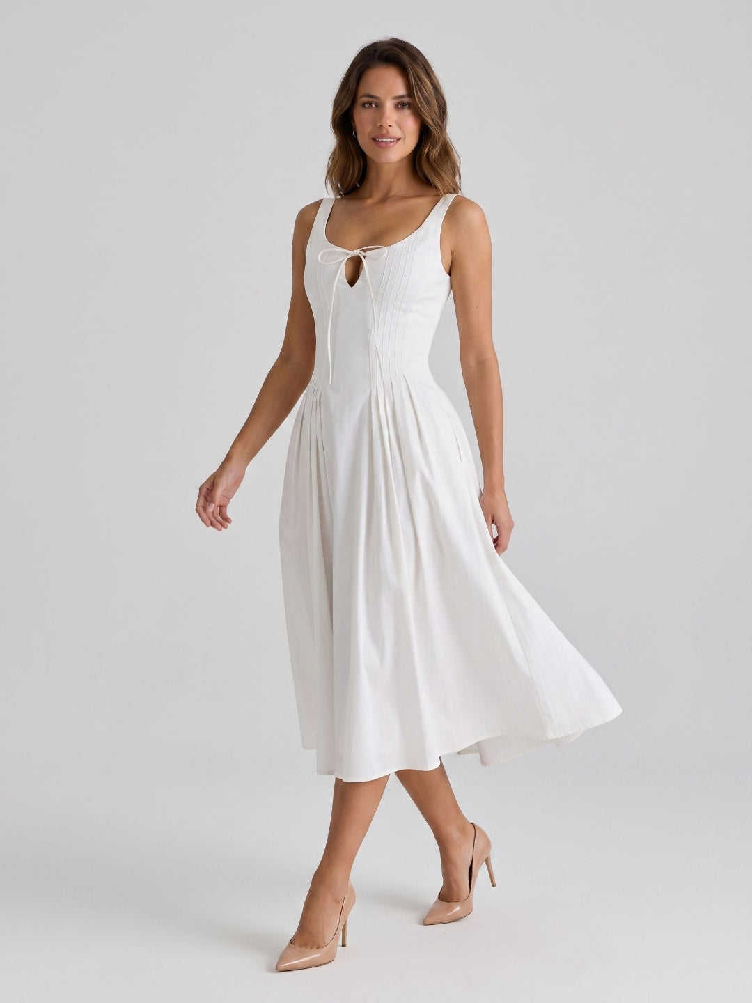 White Matte Satin A-Line Square Neck Back Zip Tea-Length Birthday Dress