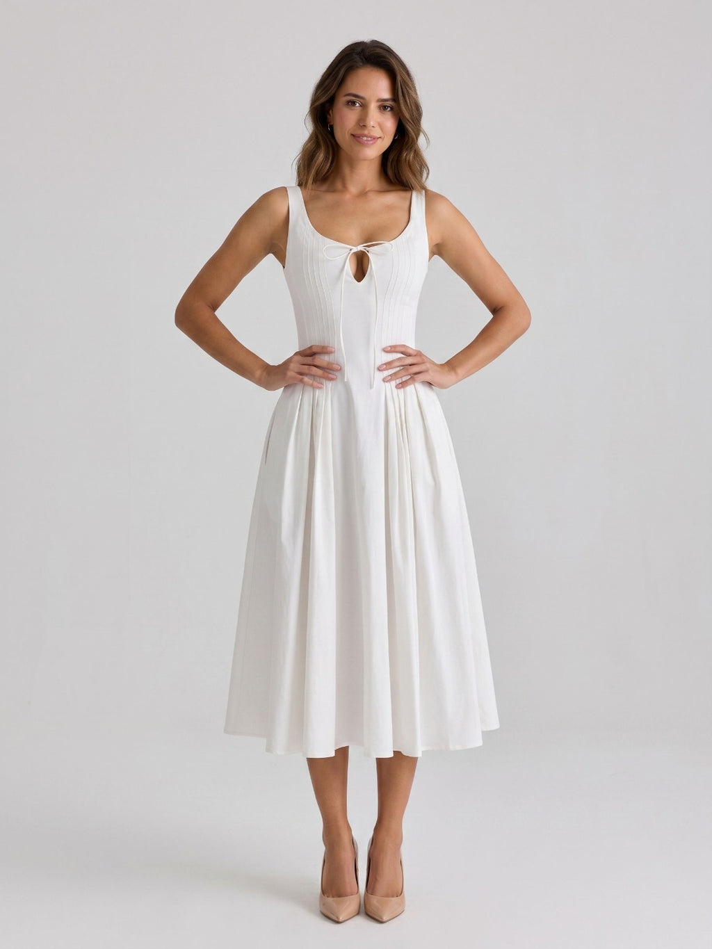 White Matte Satin A-Line Square Neck Back Zip Tea-Length Birthday Dress