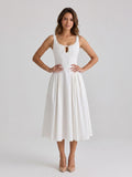 White Matte Satin A-Line Square Neck Back Zip Tea-Length Birthday Dress