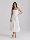 White Matte Satin A-Line Square Neck Back Zip Tea-Length Birthday Dress