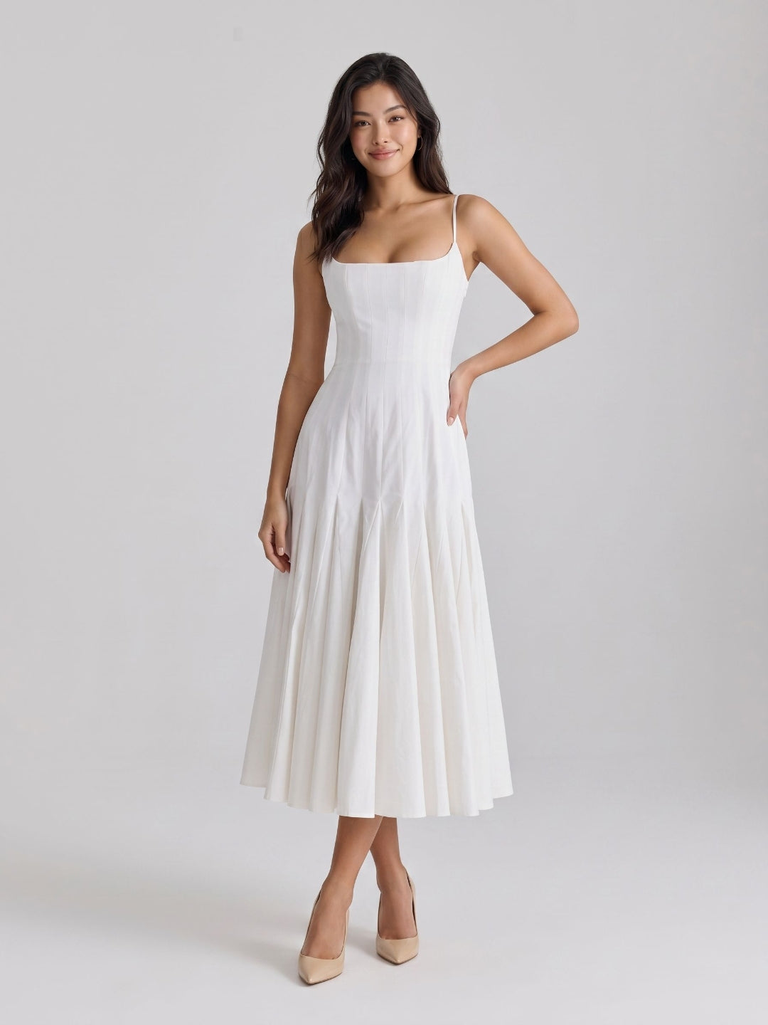 White Matte Satin A-Line Square Neck Back Zip Tea-Length Birthday Dress
