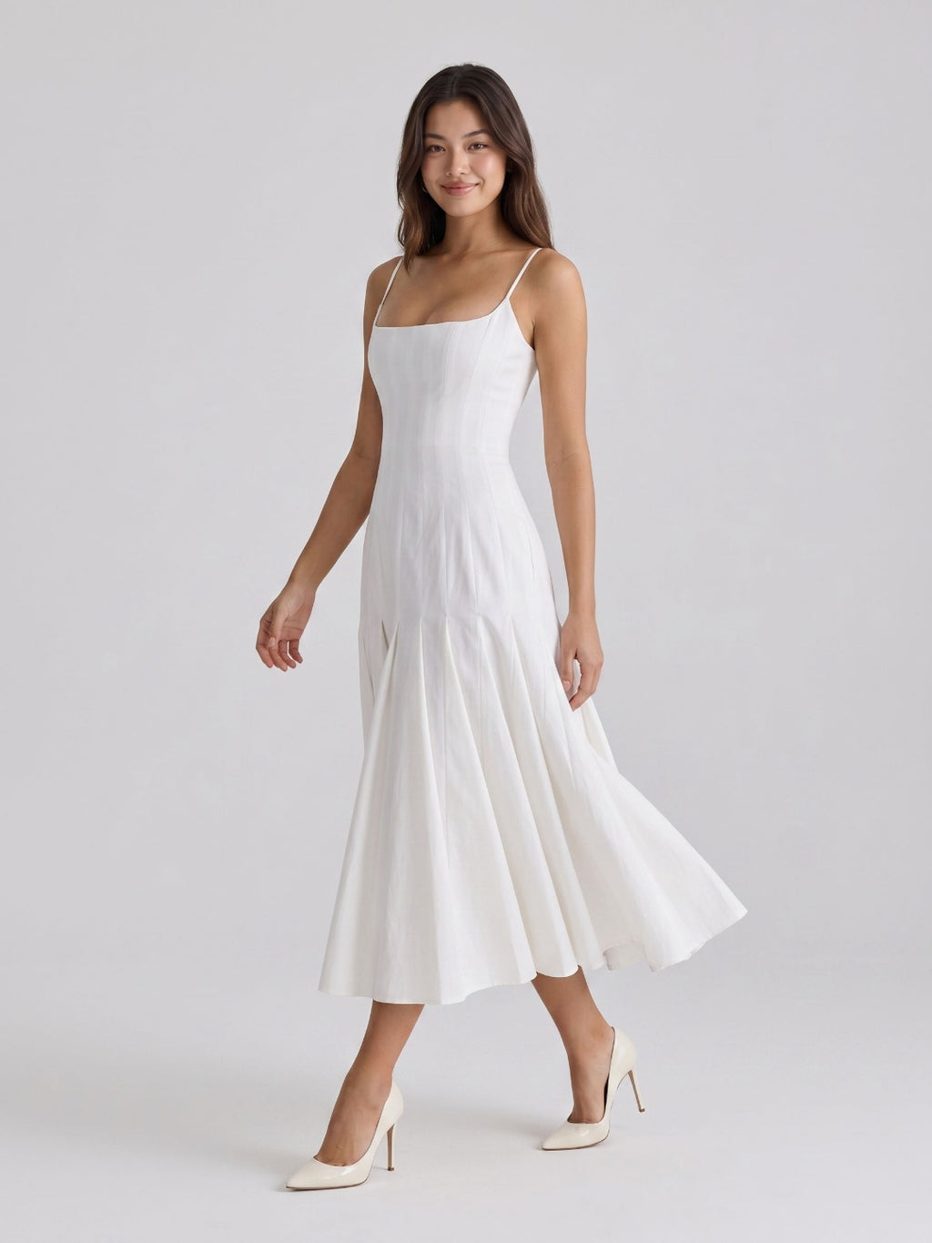 White Matte Satin A-Line Square Neck Back Zip Tea-Length Birthday Dress