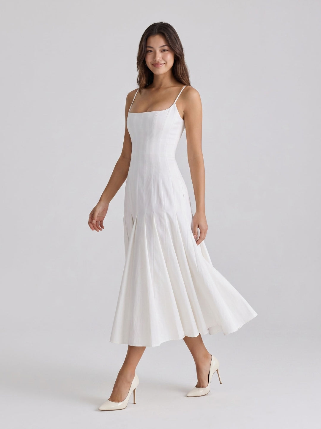White Matte Satin A-Line Square Neck Back Zip Tea-Length Birthday Dress
