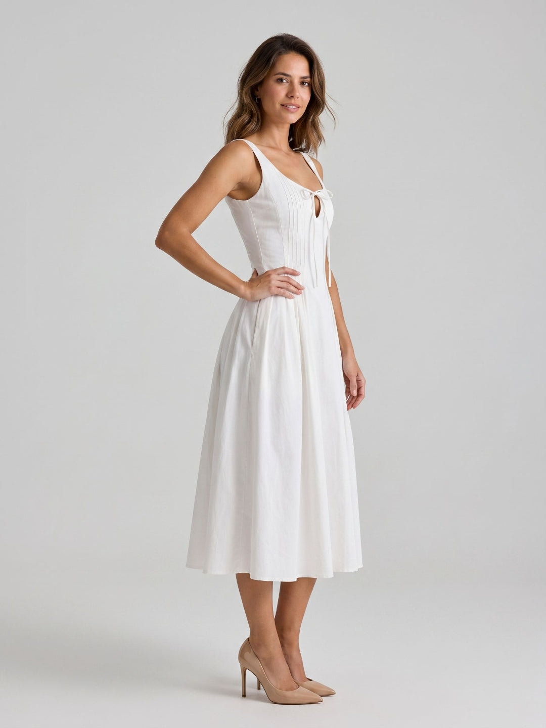 White Matte Satin A-Line Square Neck Back Zip Tea-Length Birthday Dress