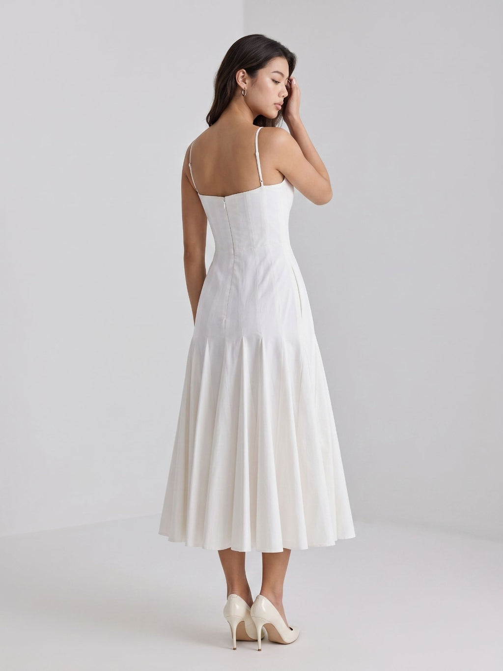White Matte Satin A-Line Square Neck Back Zip Tea-Length Birthday Dress