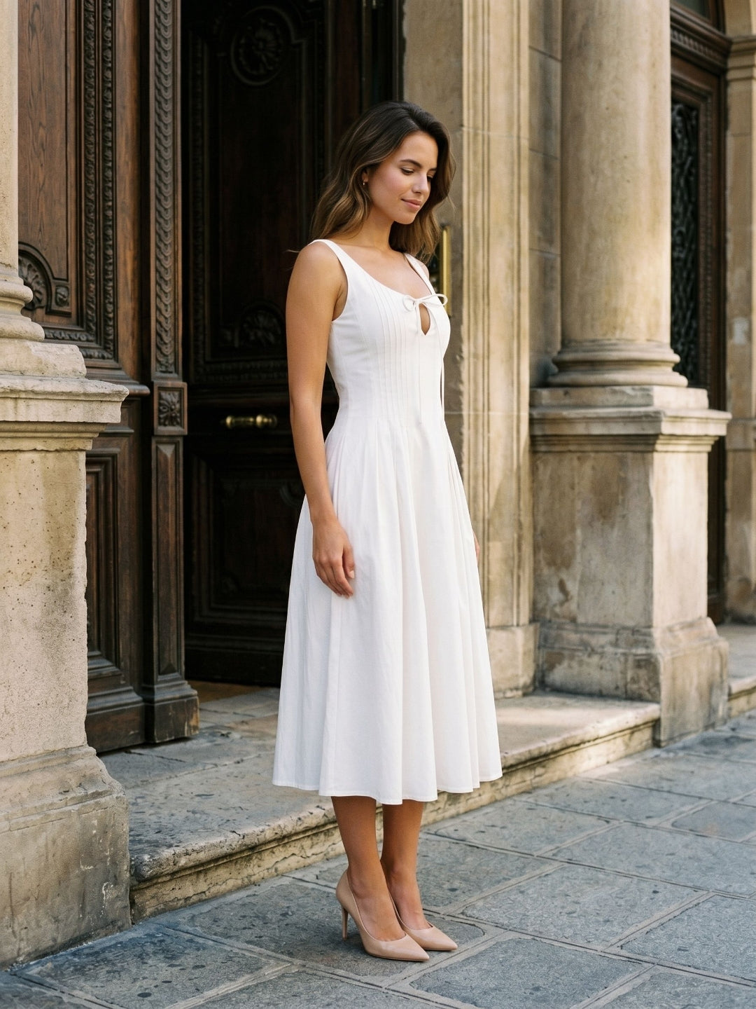White Matte Satin A-Line Square Neck Back Zip Tea-Length Birthday Dress