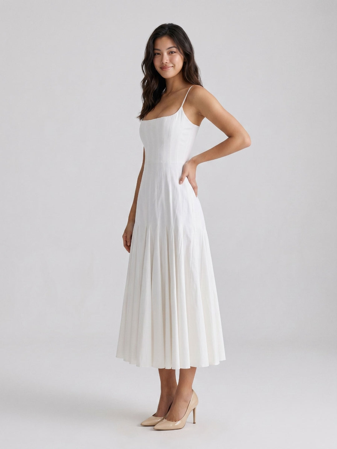 White Matte Satin A-Line Square Neck Back Zip Tea-Length Birthday Dress