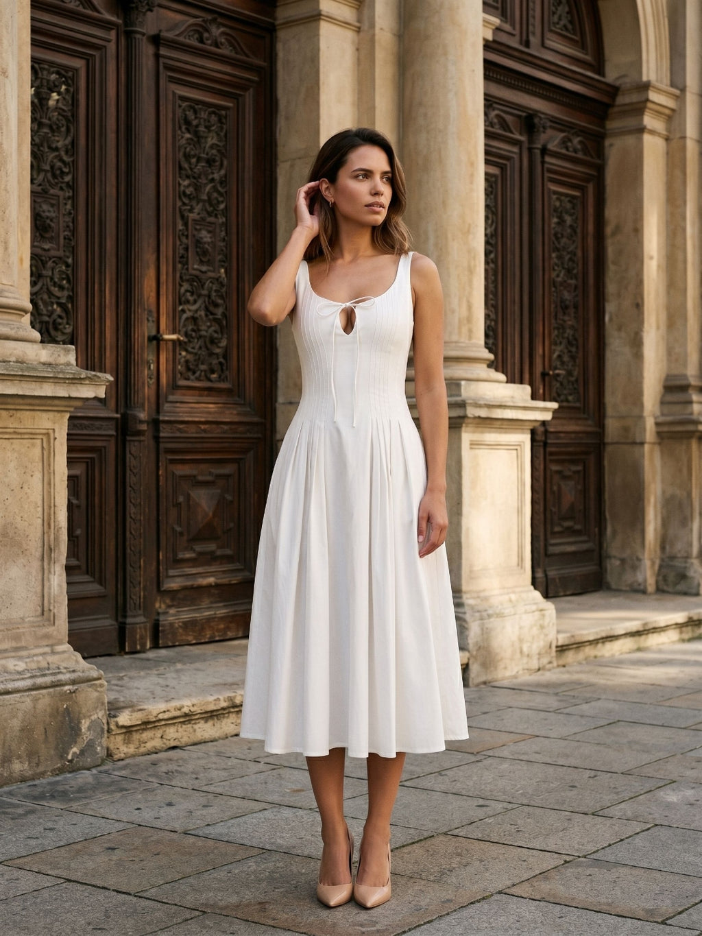 White Matte Satin A-Line Square Neck Back Zip Tea-Length Birthday Dress