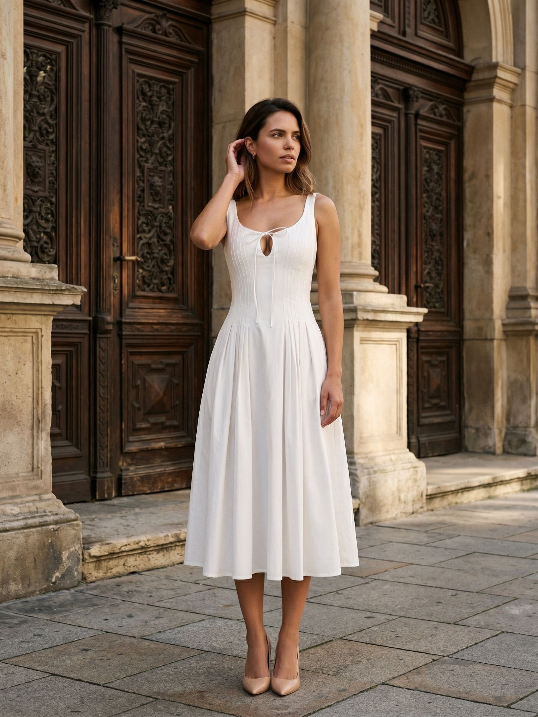 White Matte Satin A-Line Square Neck Back Zip Tea-Length Birthday Dress