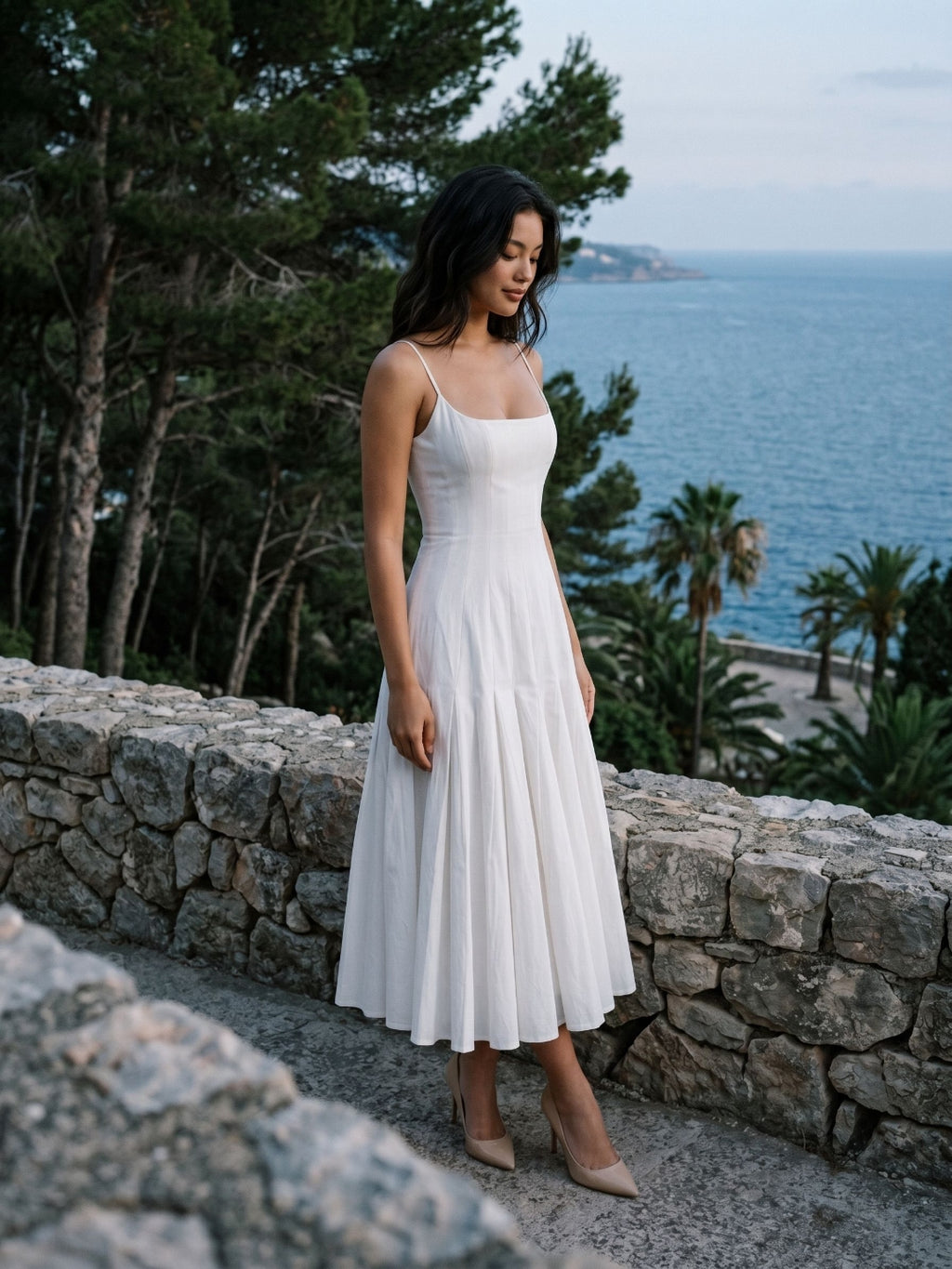 White Matte Satin A-Line Square Neck Back Zip Tea-Length Birthday Dress