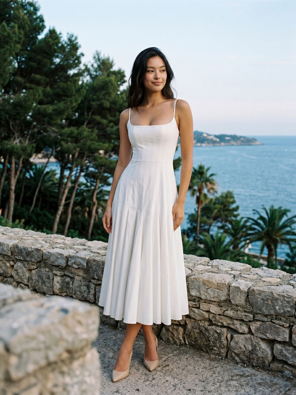 White Matte Satin A-Line Square Neck Back Zip Tea-Length Birthday Dress