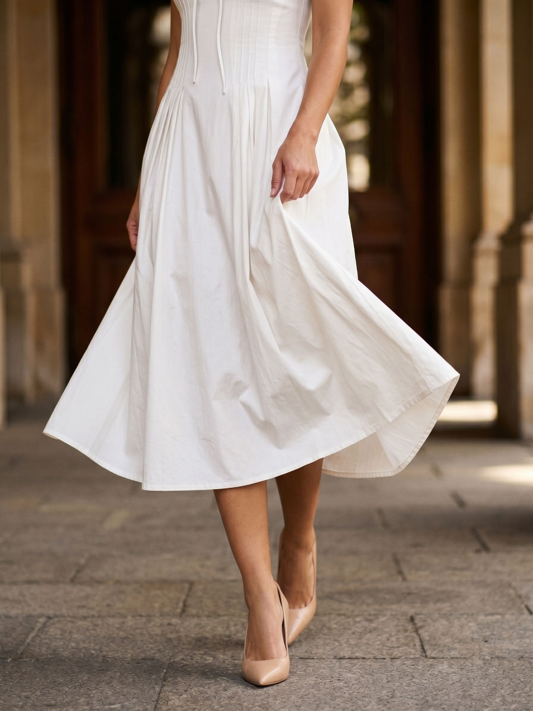 White Matte Satin A-Line Square Neck Back Zip Tea-Length Birthday Dress