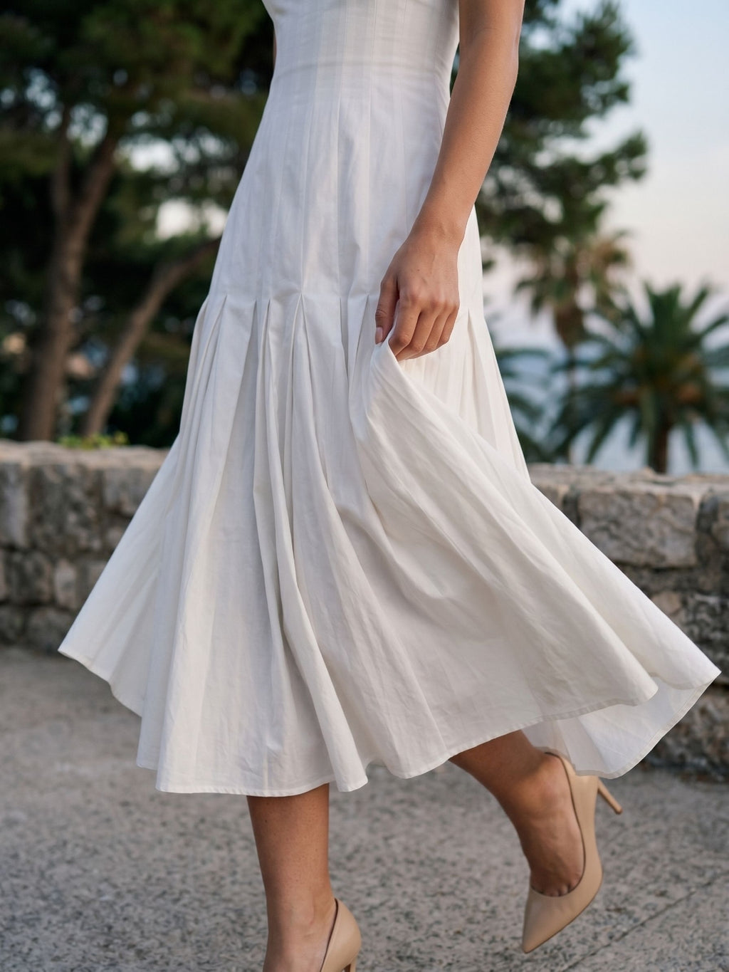 White Matte Satin A-Line Square Neck Back Zip Tea-Length Birthday Dress