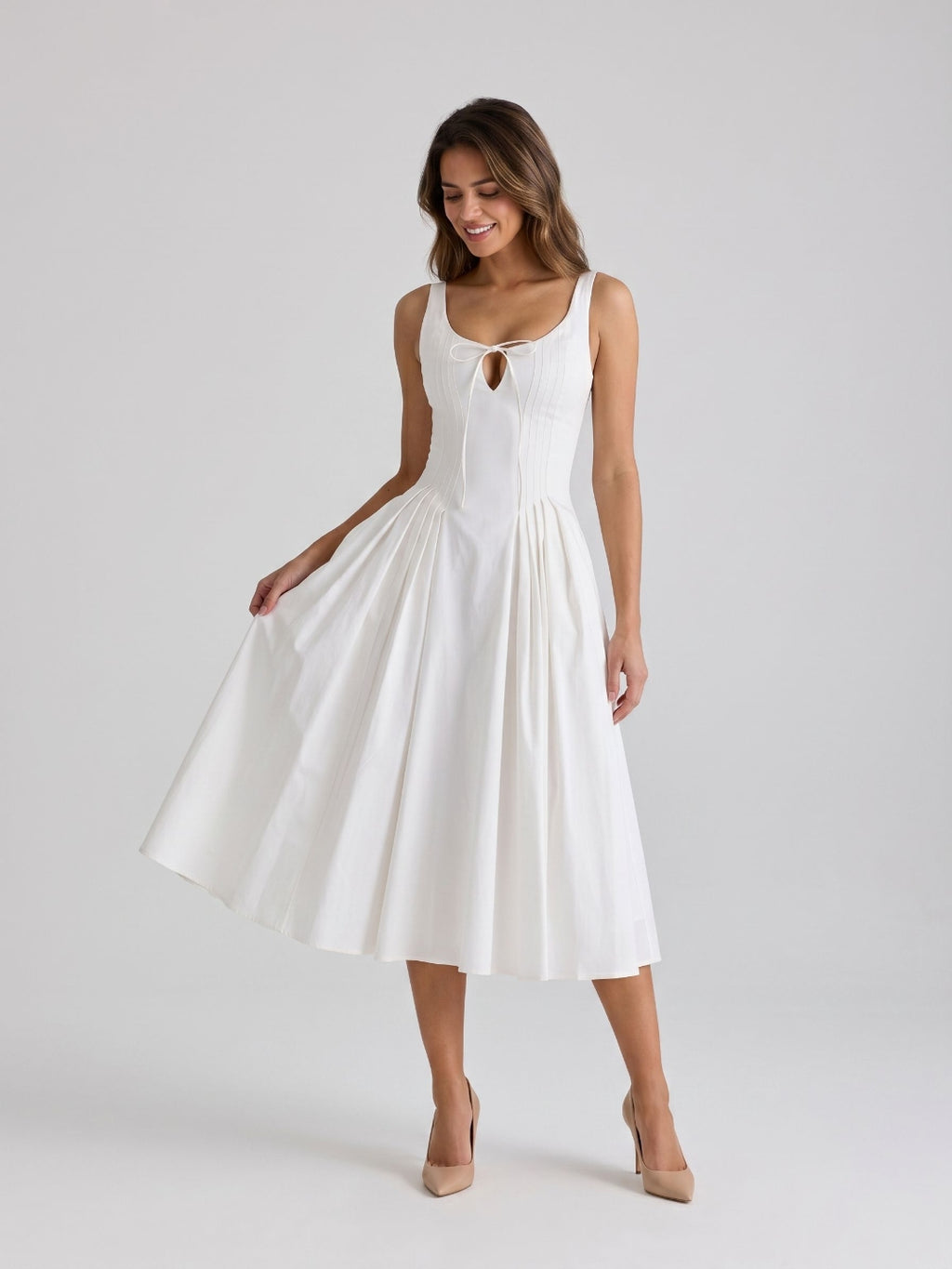 White Matte Satin A-Line Square Neck Back Zip Tea-Length Birthday Dress