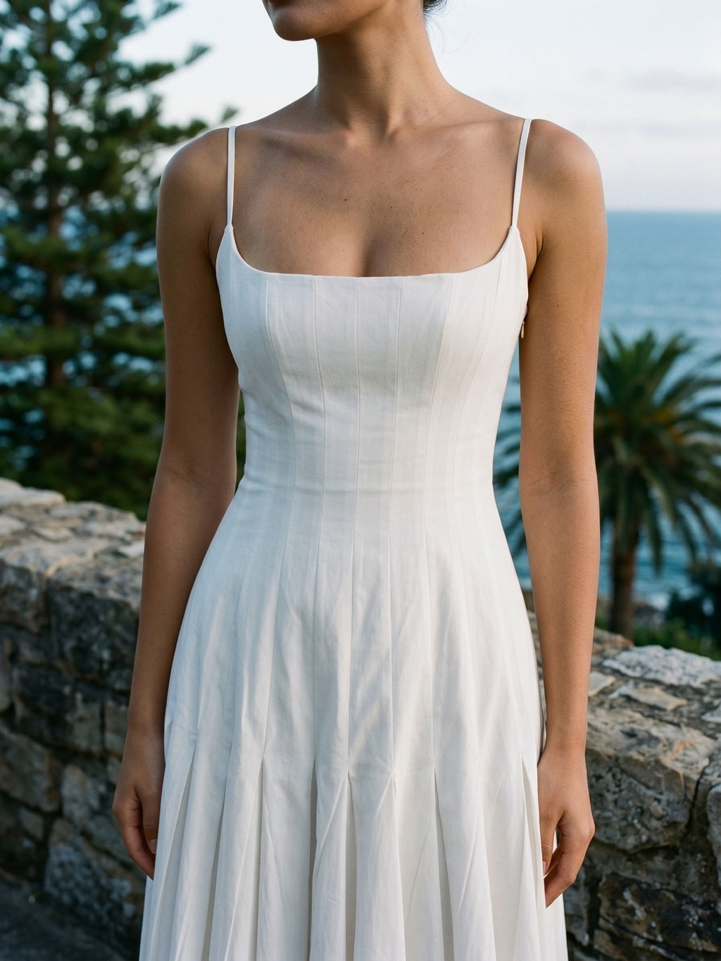 White Matte Satin A-Line Square Neck Back Zip Tea-Length Birthday Dress