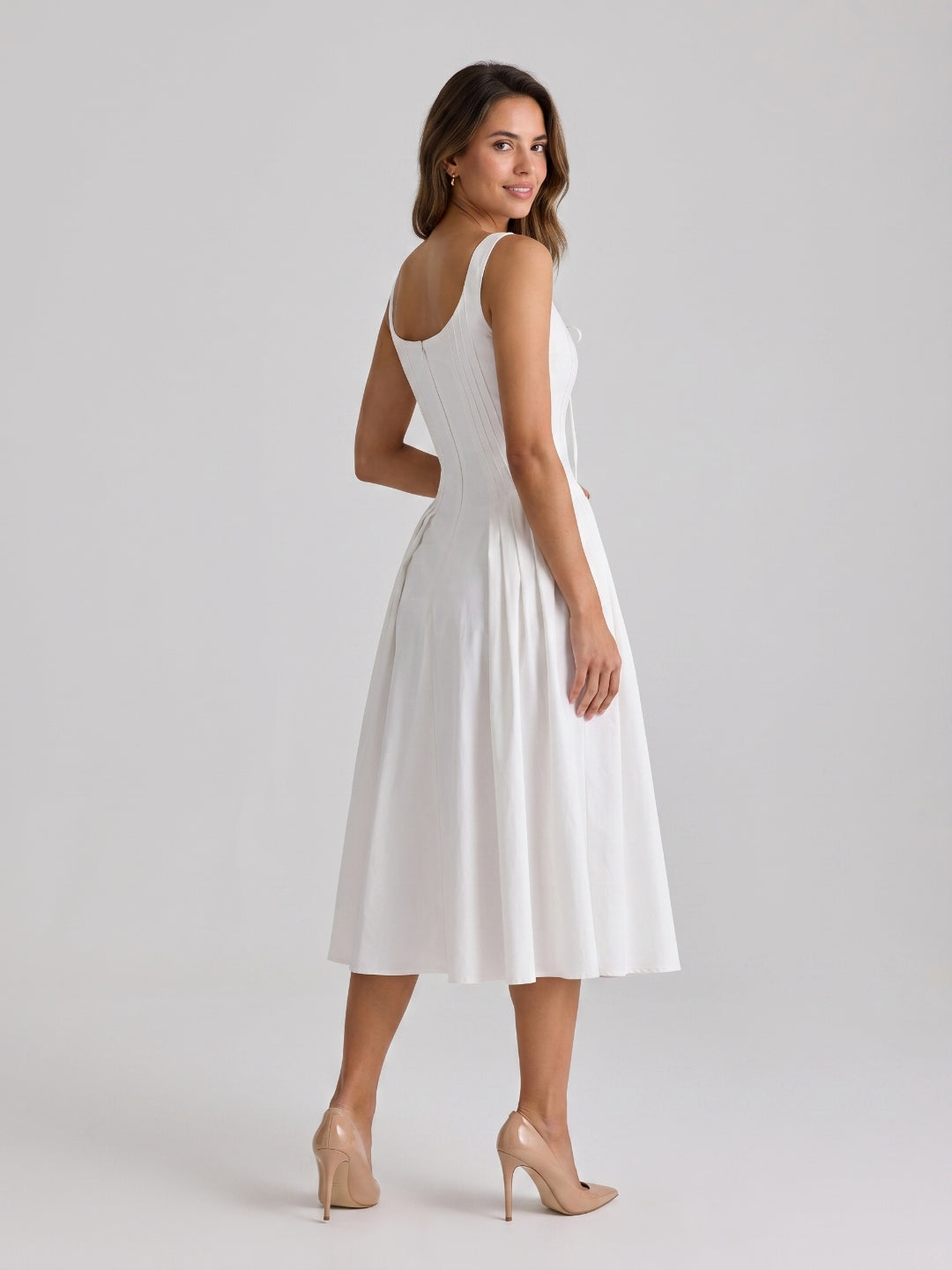 White Matte Satin A-Line Square Neck Back Zip Tea-Length Birthday Dress